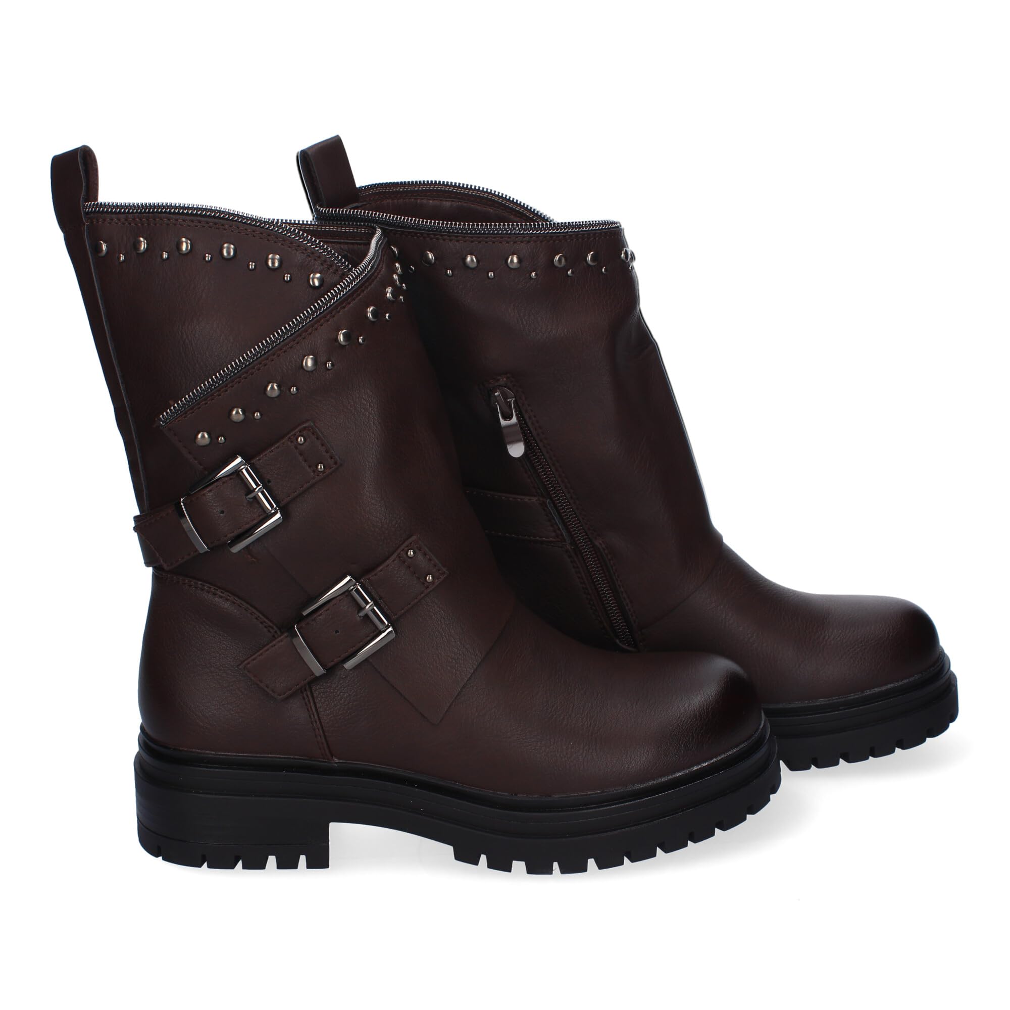 Botas de Mujer con Tachuelas, Estilo Motero, Suela Dentada, Diseno Moderno, Adorno de Cremallera en la Cana y Hebillas Decorativas, Cierre de Cremallera.