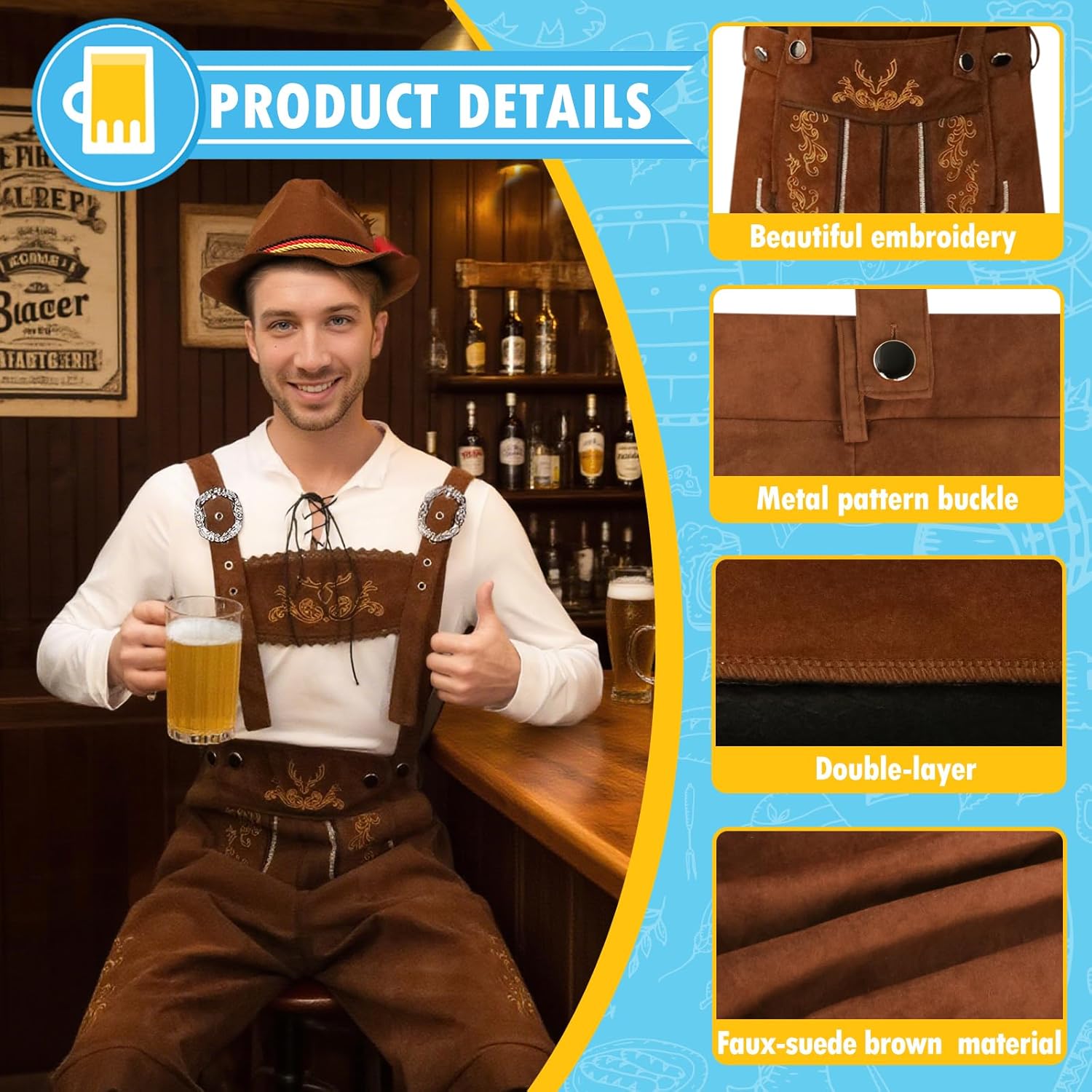 Men's German Oktoberfest Costume Set Bavarian Lederhosen Men Outfit for Adults Halloween Beer Festival - Image 3