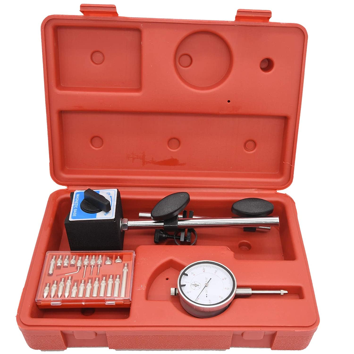 Indicador de cuadrante, Indicador de cuadrante de 0,01 mm/0,001 "con base magnética y juego de inspección de precisión de punto, brazo largo de 0-10 mm/0-1" Medidor de calibre de prueba(0-1INCH)