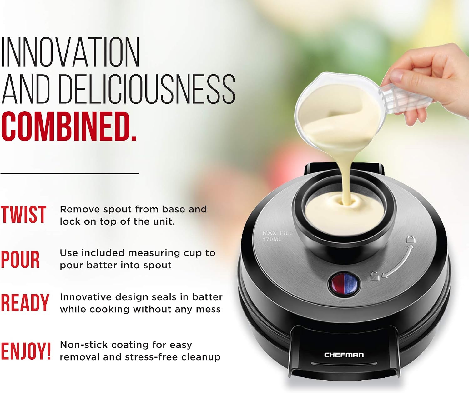Chefman Perfect Pour Volcano Belgian Waffle Maker w/No Overflow Design Round Iron for Mess-Free Breakfast, Best Small Appliance Innovation Award Winner, Measuring Cup & Cleaning Tool Included, Black