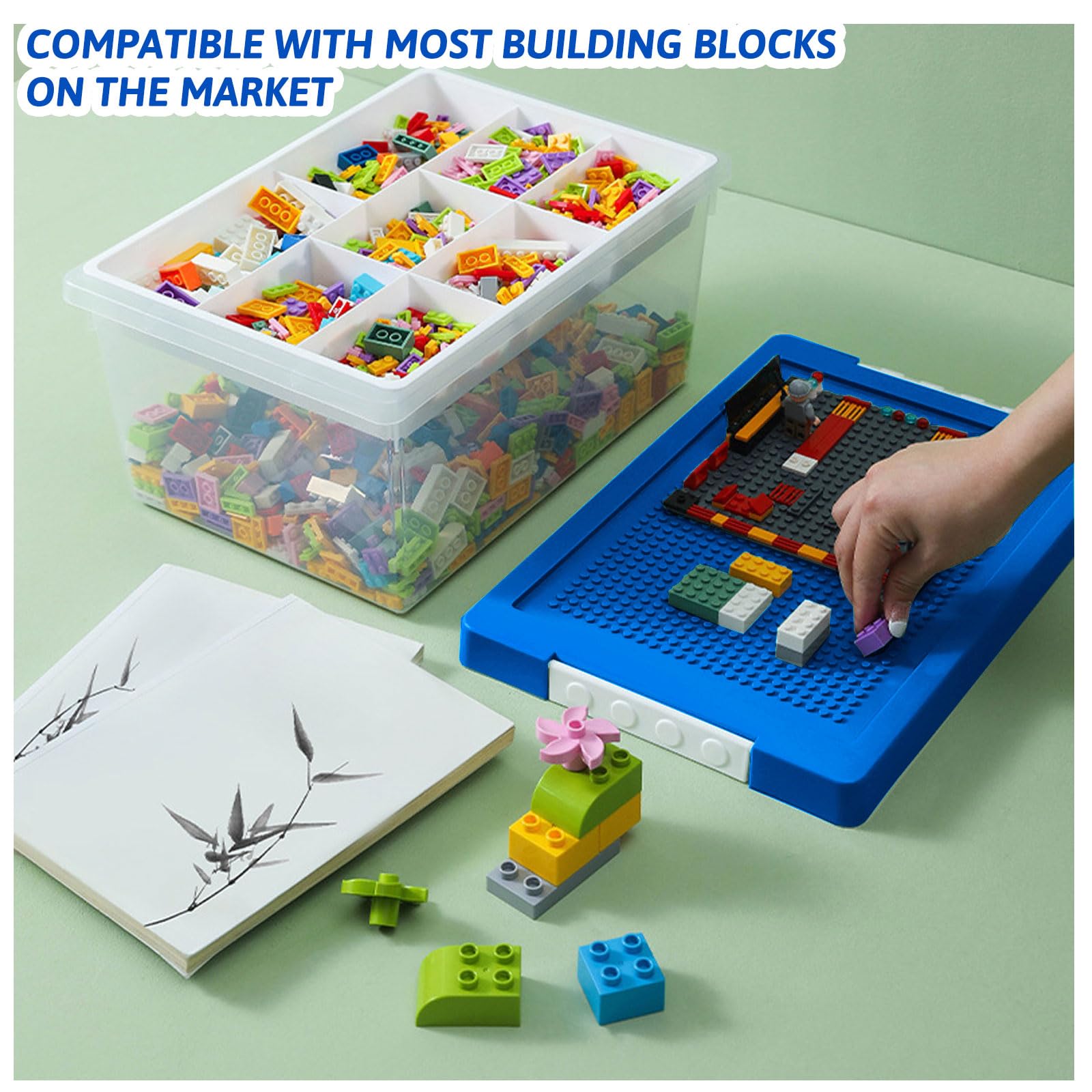 Greentainer Set de 3 Cajas de Almacenamiento de Juguetes con Tapa y Bandeja Extraíble, PP Apilable, Organizador para Bloques, Compatible con Ladrillos, para Habitación Infantil(Azul)