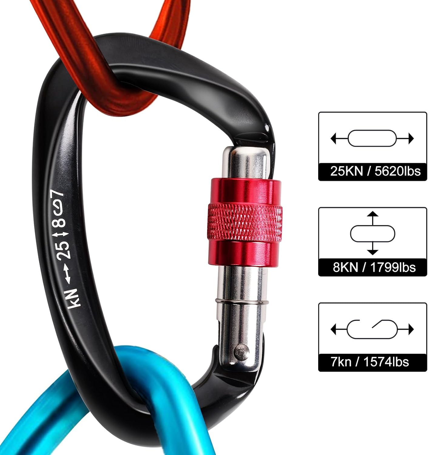 Screw Lock Climbing Carabiner 25KN, Heavy Duty Manual Locking Carabiner 2 Pack with Ergonomic D-Shape, for Rock Climbing, Rescue, Hammock, Aerial Work, Camping - Image 4