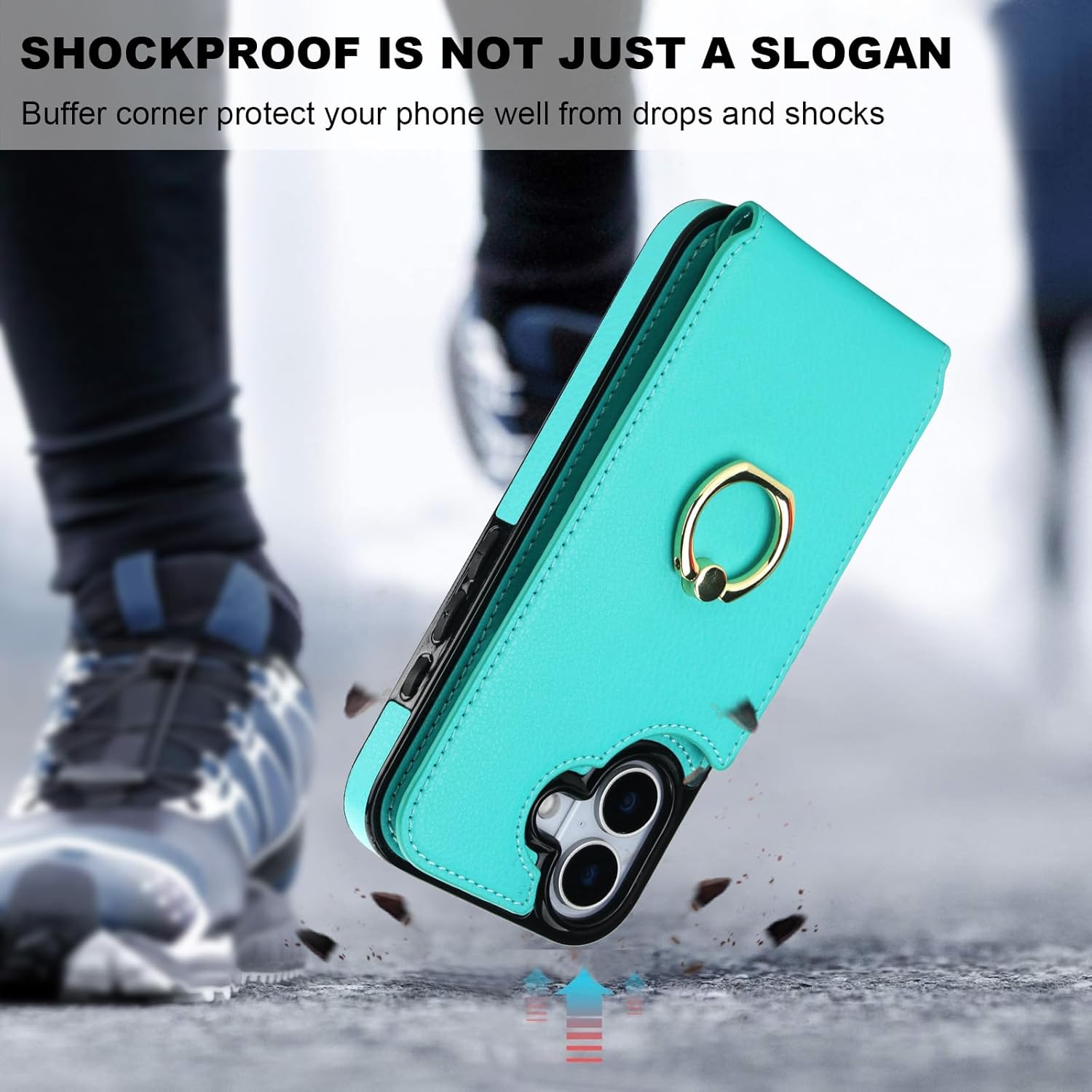 Folosu Compatible with iPhone 17 Case Wallet with Card Holder, 360°Rotation Finger Ring Holder Kickstand, RFID Blocking Leather Protective Double Buttons Shockproof Cover 6.3 Inch Mint Green