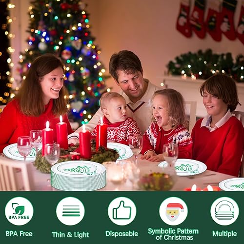 Miniatura 6 de EBOOT Platos de plástico para árbol de Navidad, 60 platos redondos desechables para postre para suministros de fiestas navideñas, 10.25 pulgadas y