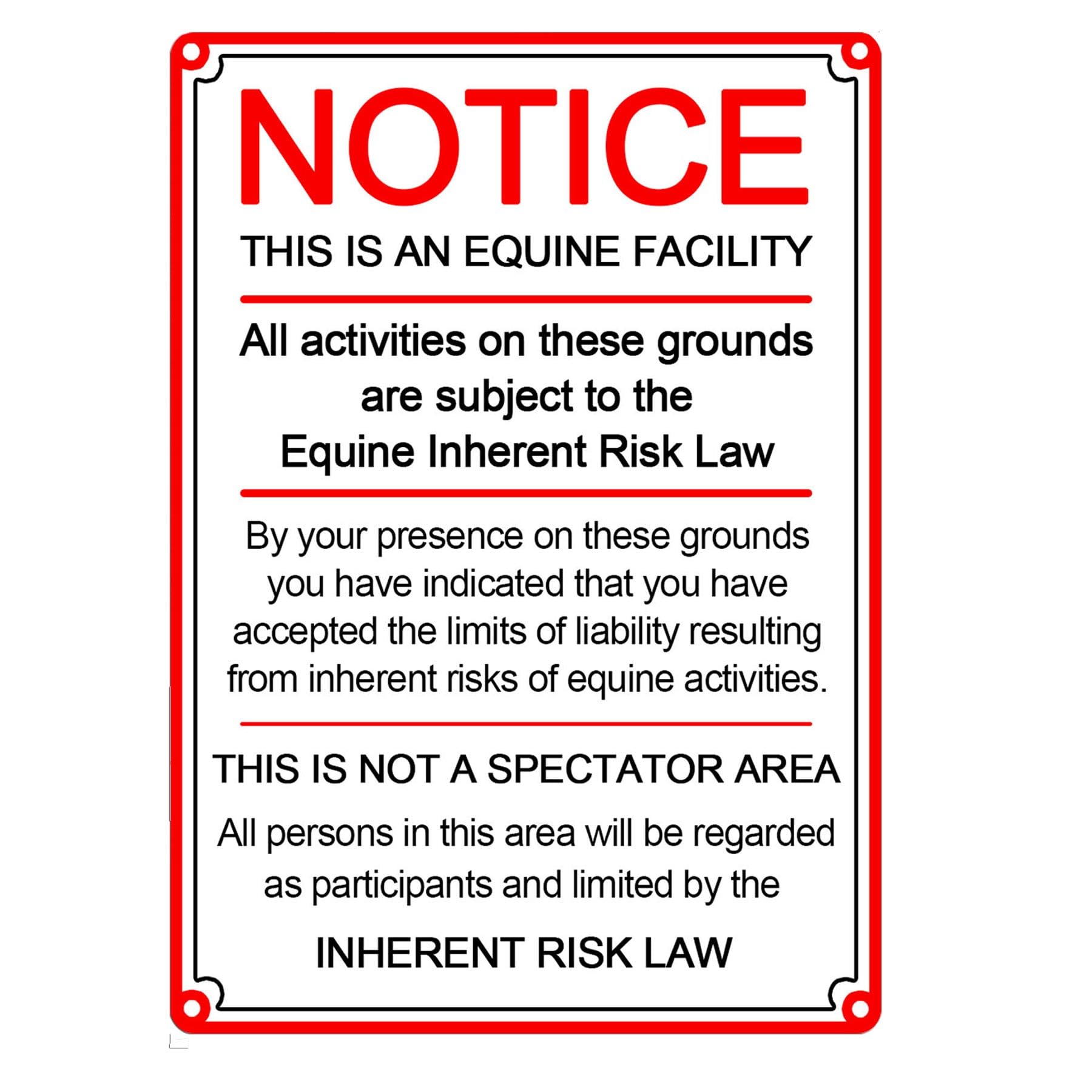 Supplemental Equine Liability Sign 10x14 Inch - Statute Horse Barn Stable Farm Aluminum Sign Equine Liability Signs