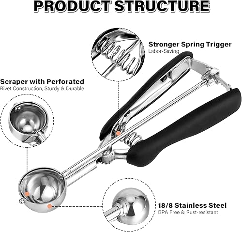 Vista 26 de Cuchara para galletas de 3.5 cucharadas, cuchara de helado con gatillo de pulgar, masa de galletas, cuchara de melón de 2.165 in, agarre cómodo