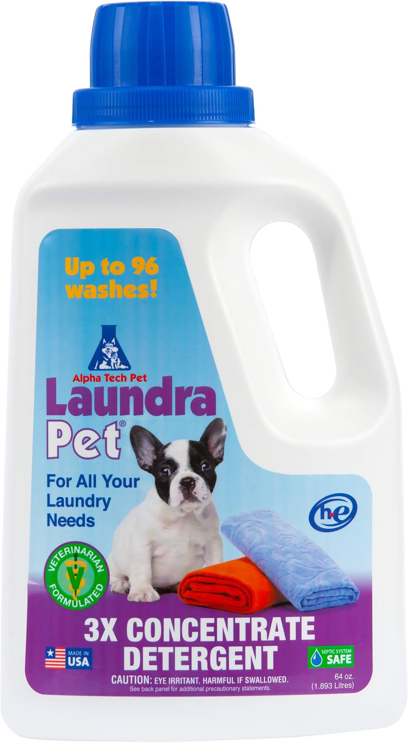 LaundraPet Premium Laundry Detergent, 64 oz. Bottle, 3X Strength, Odor and Stain Remover, 96 Loads, High-Efficiency Machine Friendly