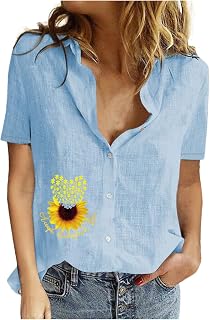QI_LIANG Crop Tops for Women, Short Sleeve Long Coktail Tunic for Women Lightweight School Autumn LAPE Tunic Fit Buttons Polyester Flower Tunic Women
