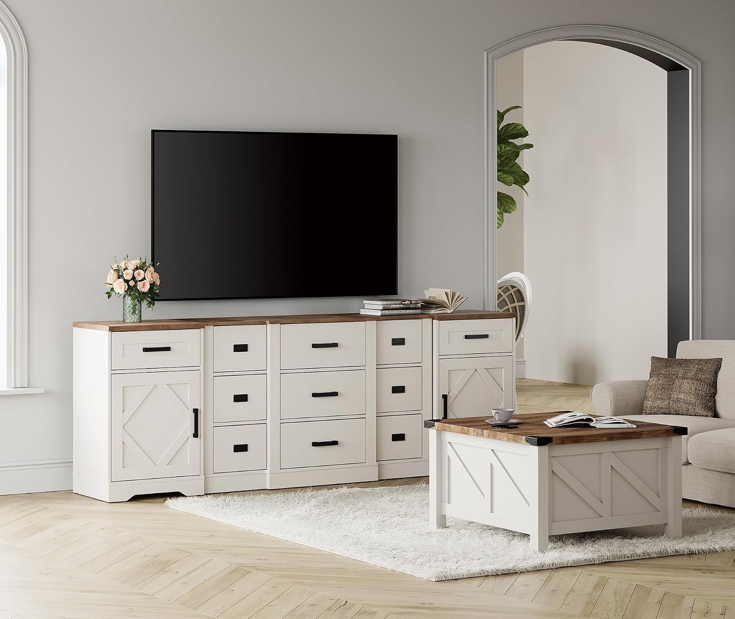 WAMPAT 91.8-inch Wide Farmhouse Dresser for Bedroom with 11 Drawers & Barn Doors,3-in-1 Large Rustic Wood Entertainment Center for 100" TV, Smooth Glide Drawers & Adjustable Shelves, Antique White
