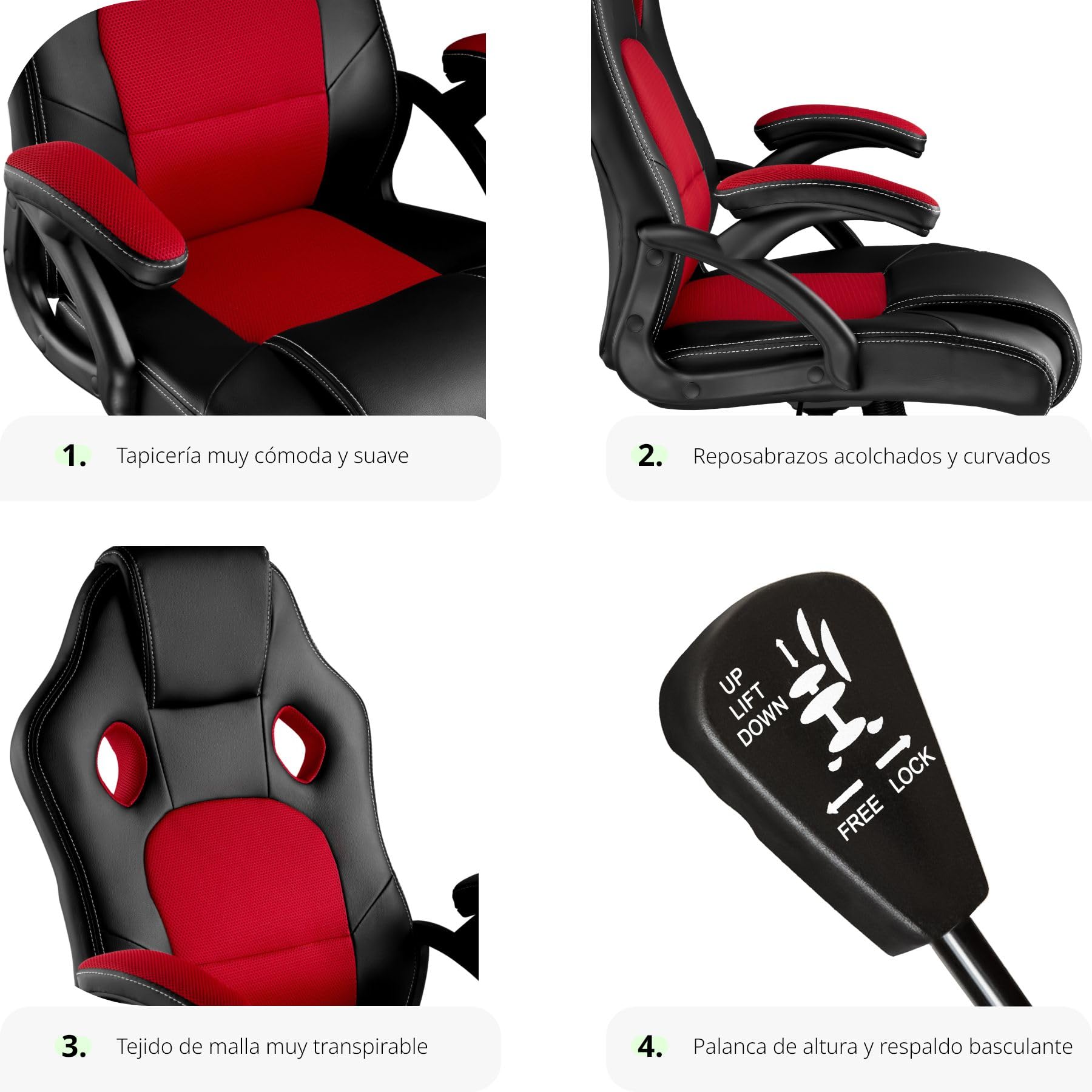 tectake® Silla Gamer Ergonómica, Ajuste de Altura, Silla de Escritorio de Oficina, Silla de Estudio con Acolchado Cómodo, Silla con Reposabrazos y Ruedas, Sillas Gaming para Ordenador - Negro/Rojo