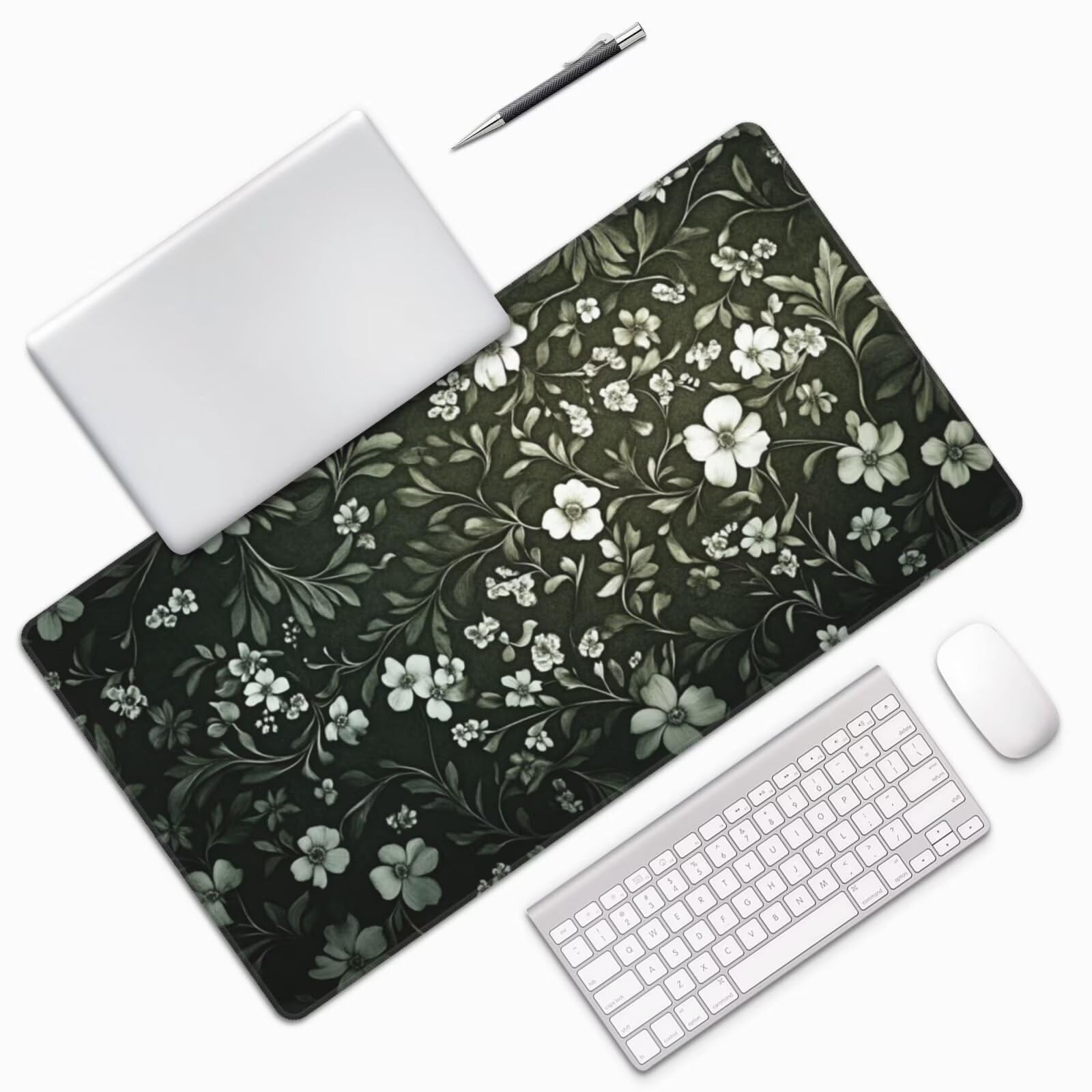 Gaming Mauspad XXL 900x500x3mm Mousepad Verlängertes Groß Mauspad Schreibtischauflage,Genähte Kanten Rutschfeste Gummibasis,Verbessert Präzision Geschwindigkeit Home Office Blumen Grüne Blätter L-3506