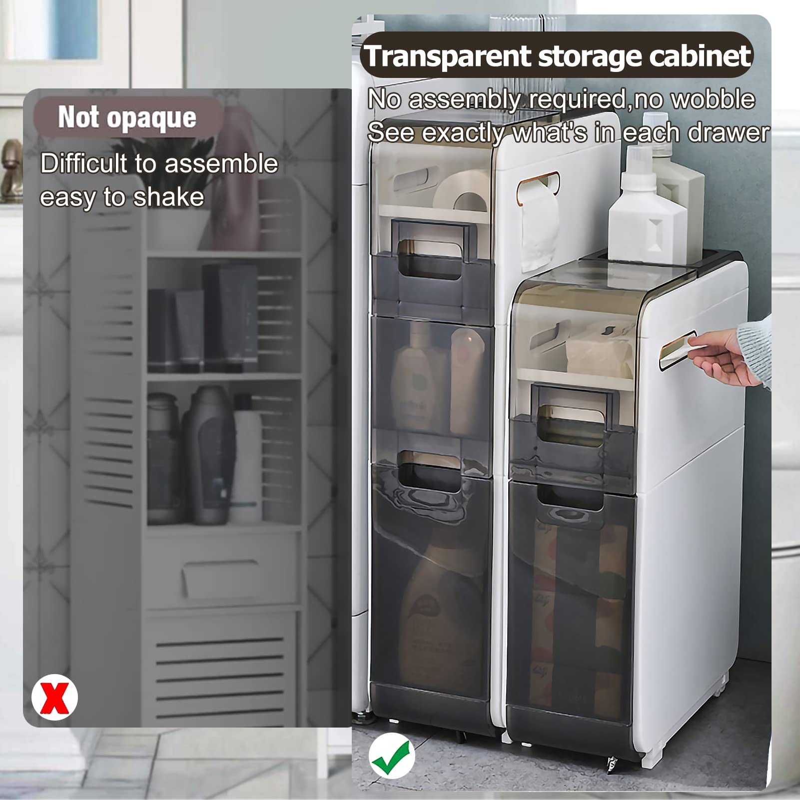 Torre dei cassetti di stoccaggio impilabili a 4 Livelli Slim 4, organizzatore di bagni Stretti con cassetti e Ruote Trasparenti, Armadio di stoccaggio Versatile per Articoli da Bagno, Prodotti di Car