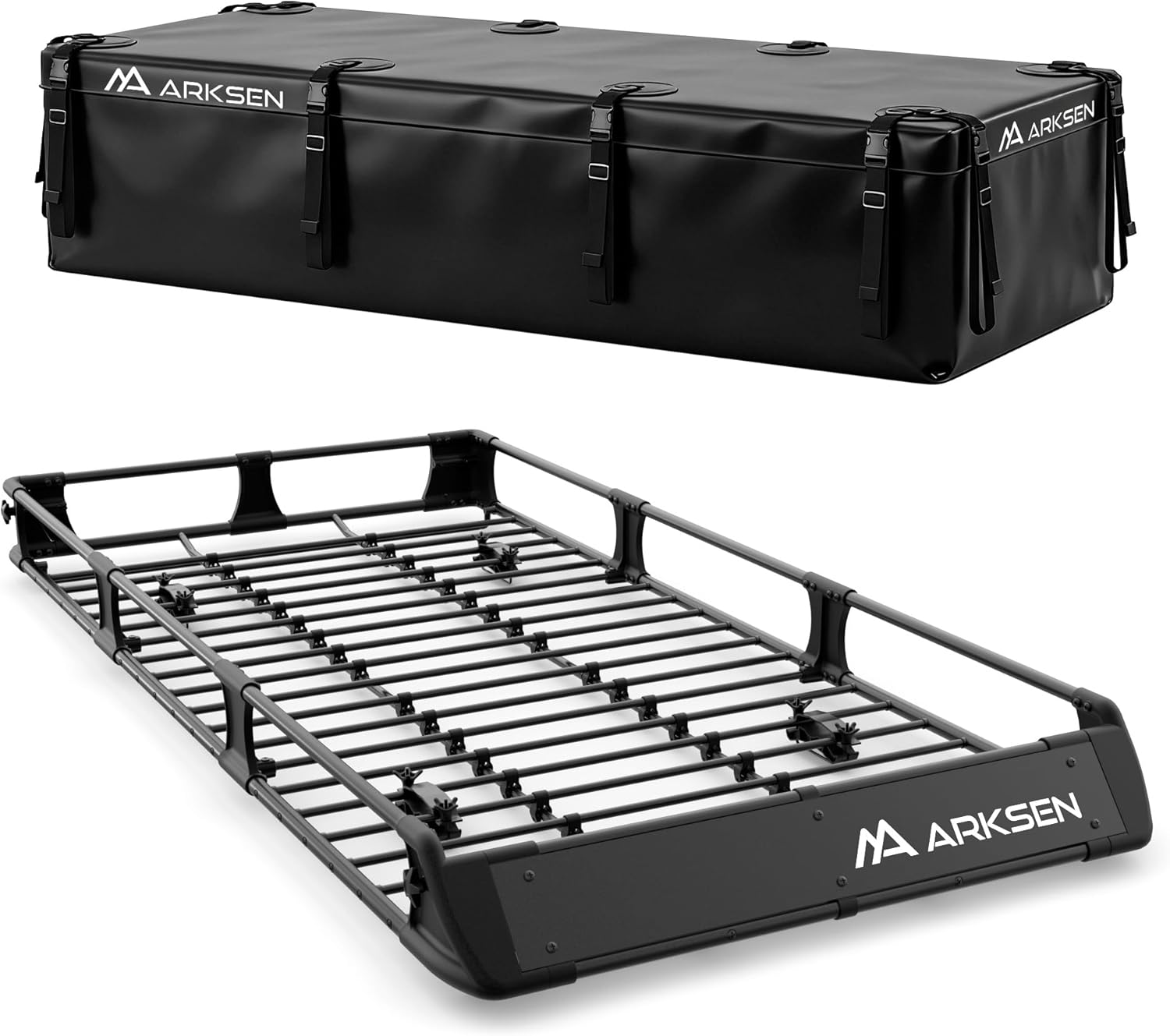 ARKSEN 82" x 39" x 6" Roof Rack Cargo Basket with Foldable Fairing, 250 lbs Heavy Duty Steel Rooftop Carrier with 500D PVC Waterproof Cargo Bag, Ideal for Kayaks, Canoes & Luggage