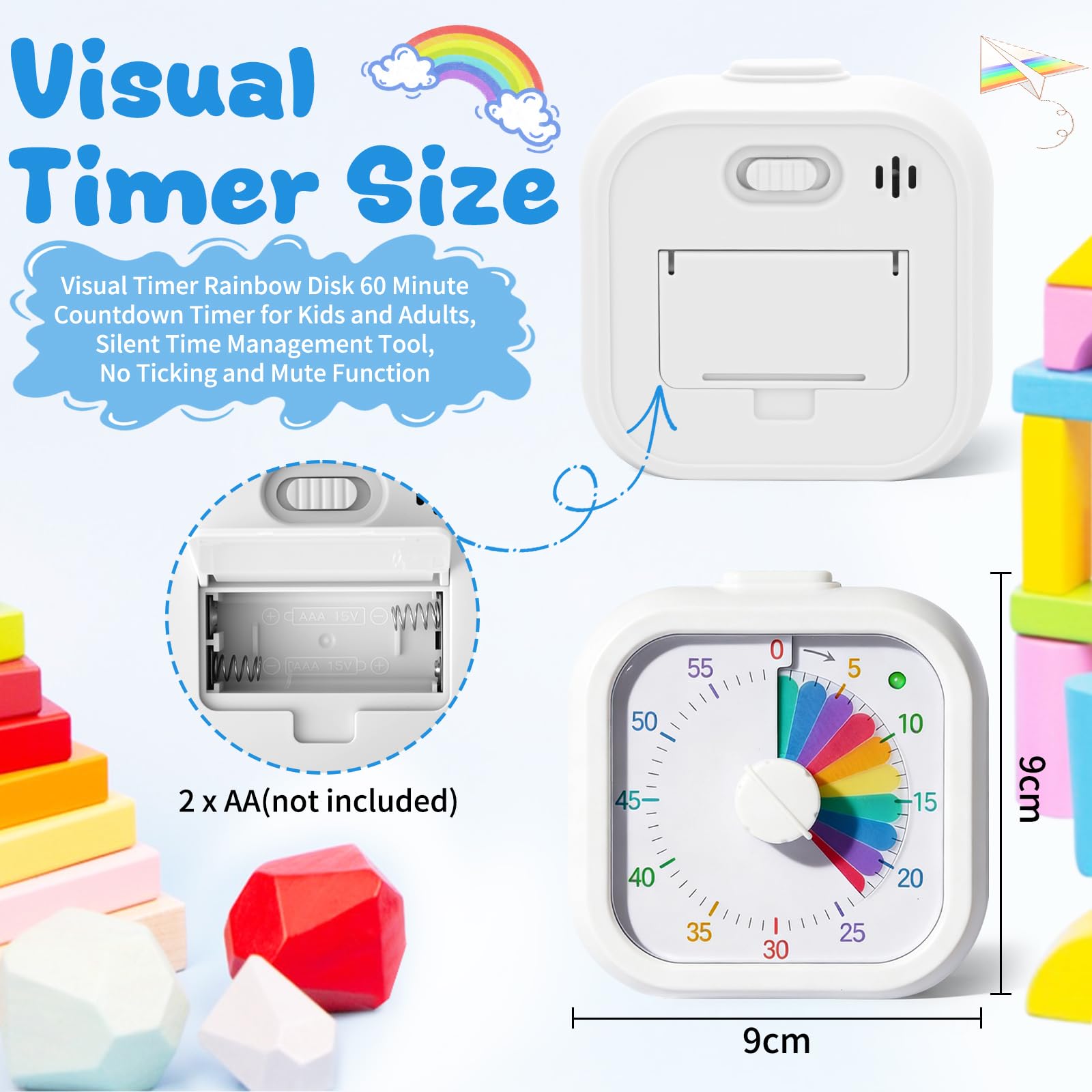 Time Timer tęczowy, wizualny timer dla dzieci i dorosłych, bezgłośna praca z opcjonalnym alarmem, do nauki w klasie, kuchni, biura domowego, narzędzie do zarządzania czasem, kolor biały