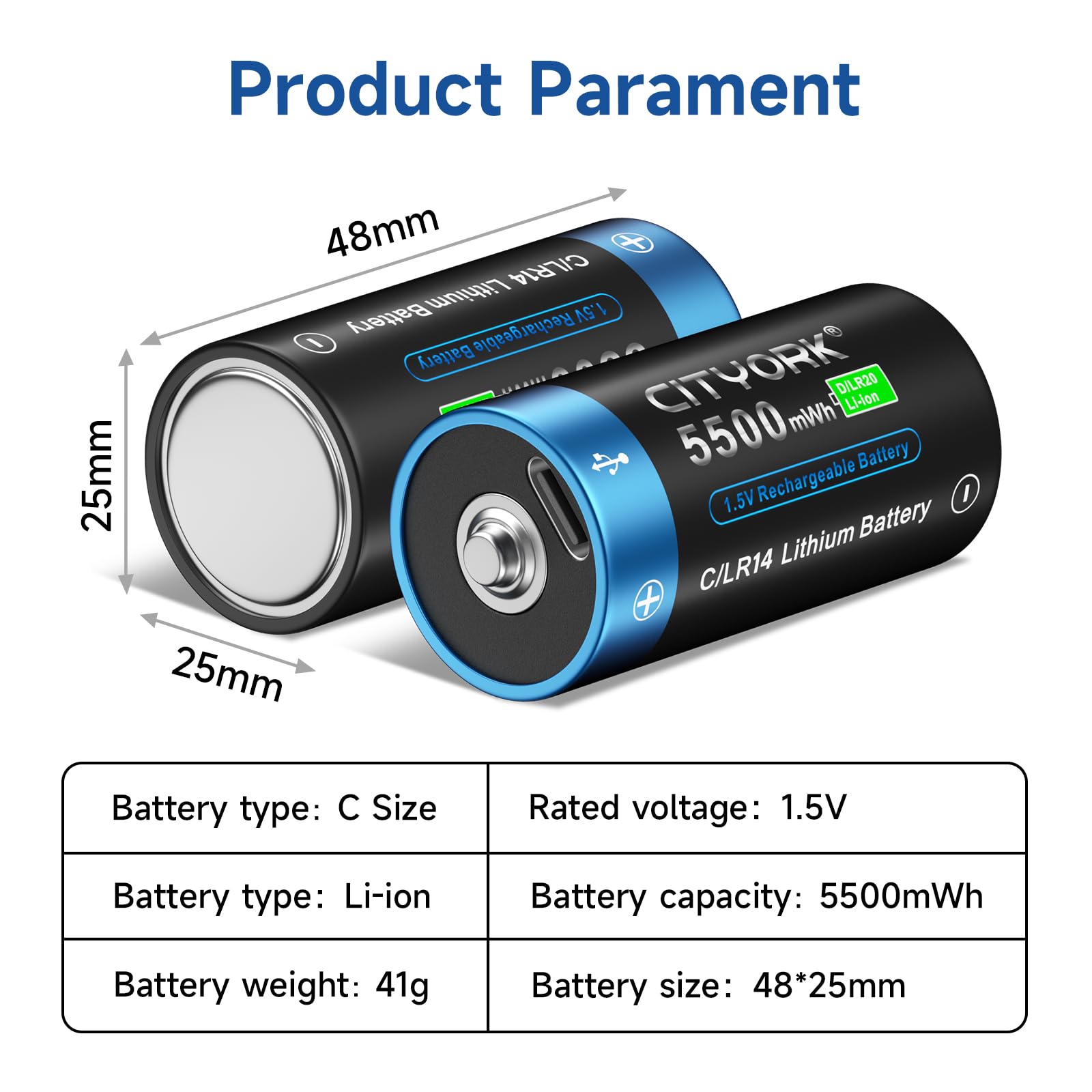 CITYORK Lot de 8 batteries rechargeables Baby C 5500 mWh 1,5 V avec USB-C - Batterie lithium-ion LR14 C - Charge en moins de 2 heures - Plus de 1000 cycles - Avec câble de charge de type C -