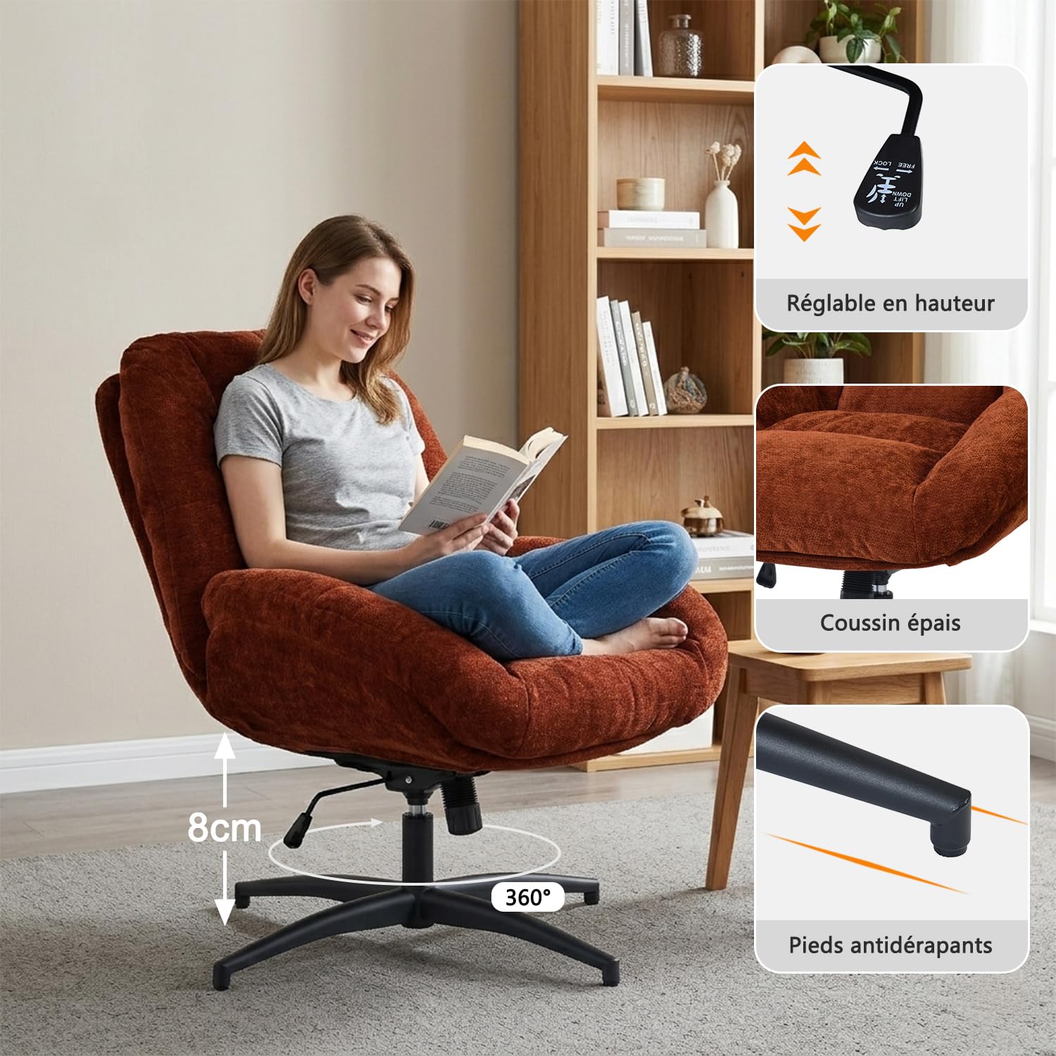 MEUBLE Cosy Sillón Giratoria Butaca de Salón con Altura Ajustable Función de Inclinación, Silla Lectura con Tapizado en Tela de Chenilla, Rojo
