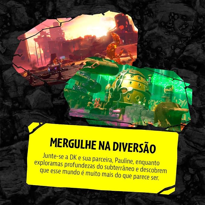 Capturas de tela mostrando o cenário subterrâneo do jogo Donkey Kong Bananza com elementos dourados e rochosos