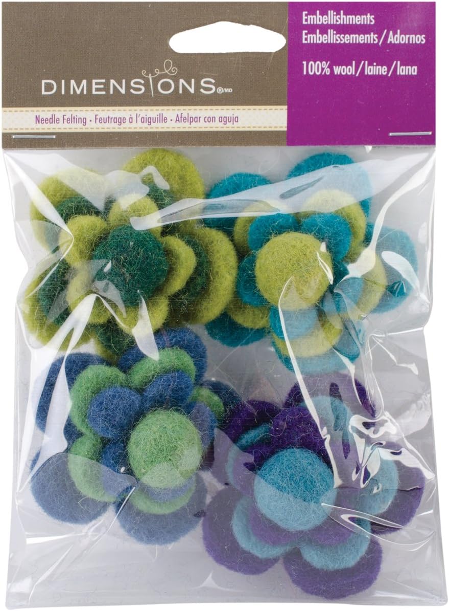 Wilton Dimensions Layered Cool Flowers Felt Embellishments - Handcrafted 100% Wool, 2-Inch 4-Pack for Crafts, Jewelry & Decor