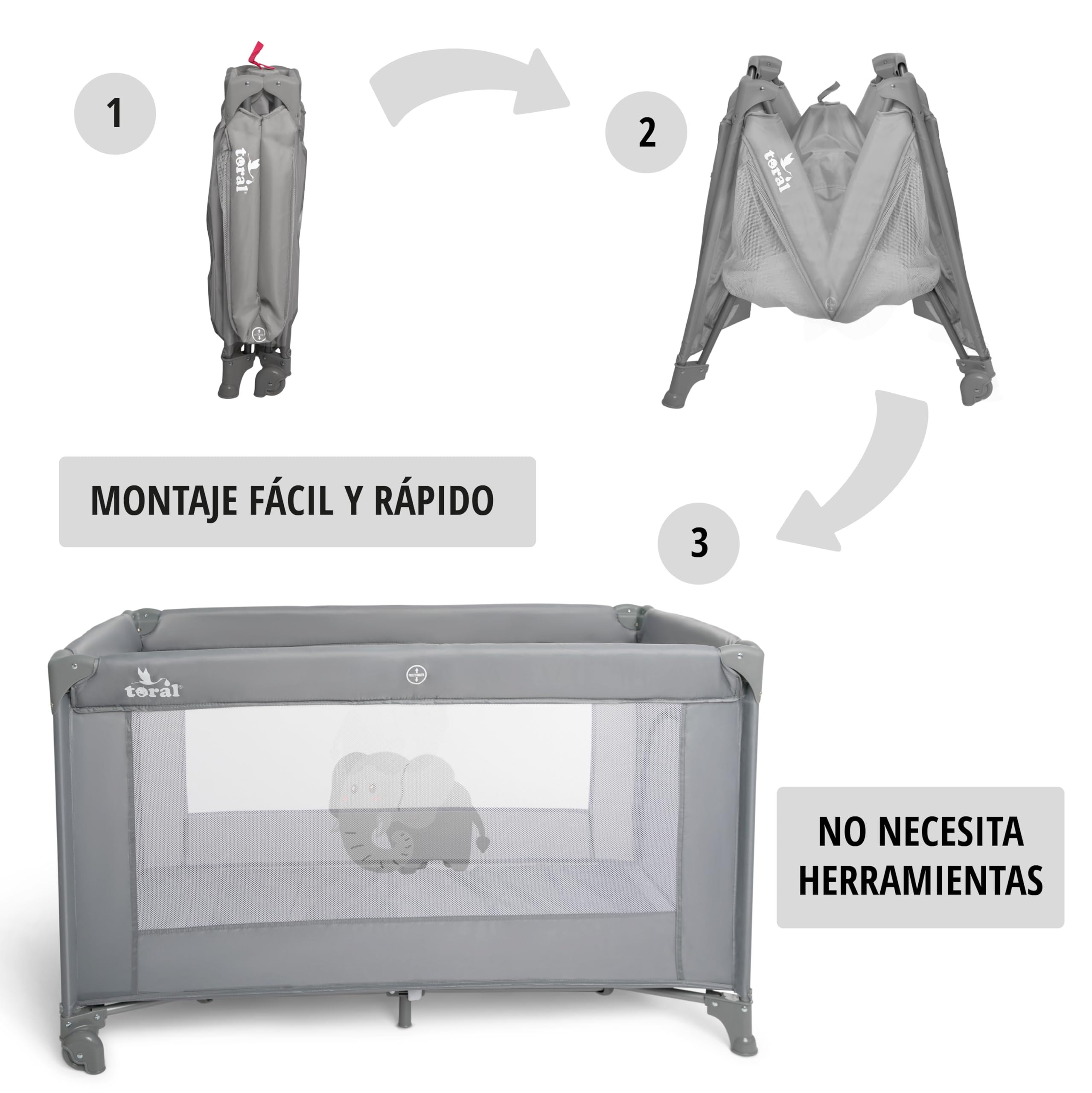 TORAL Cuna de Viaje Bebe con Colchon - Parque Cuna Bebe 2 en 1, Ideal para Casa y Viaje, Práctico Parque Infantil para Jugar Modelo Adventure Gris