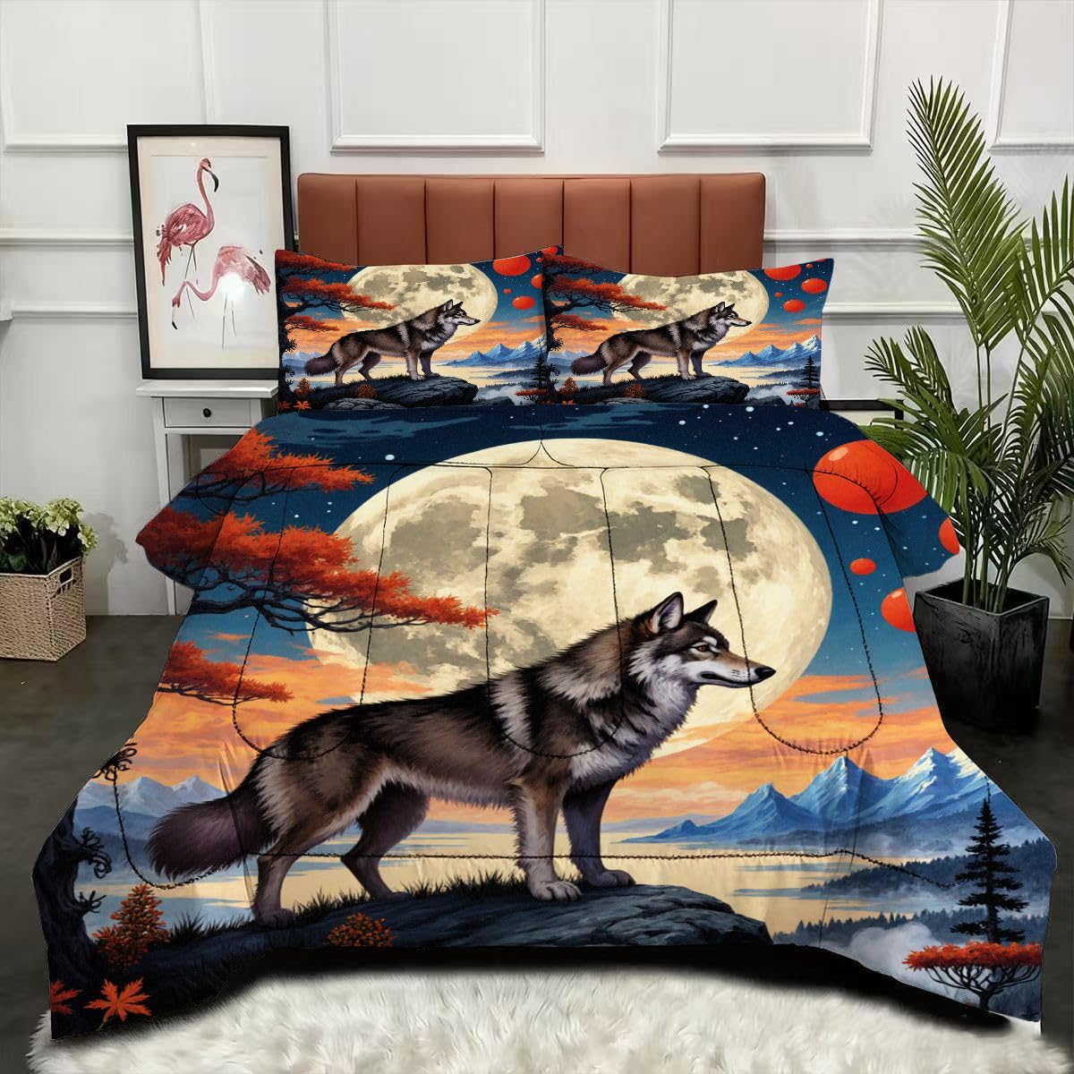 Couette 200x200 cm Loup 3D avec 2 taies d'oreiller en microfibre pour lit 2 personnes