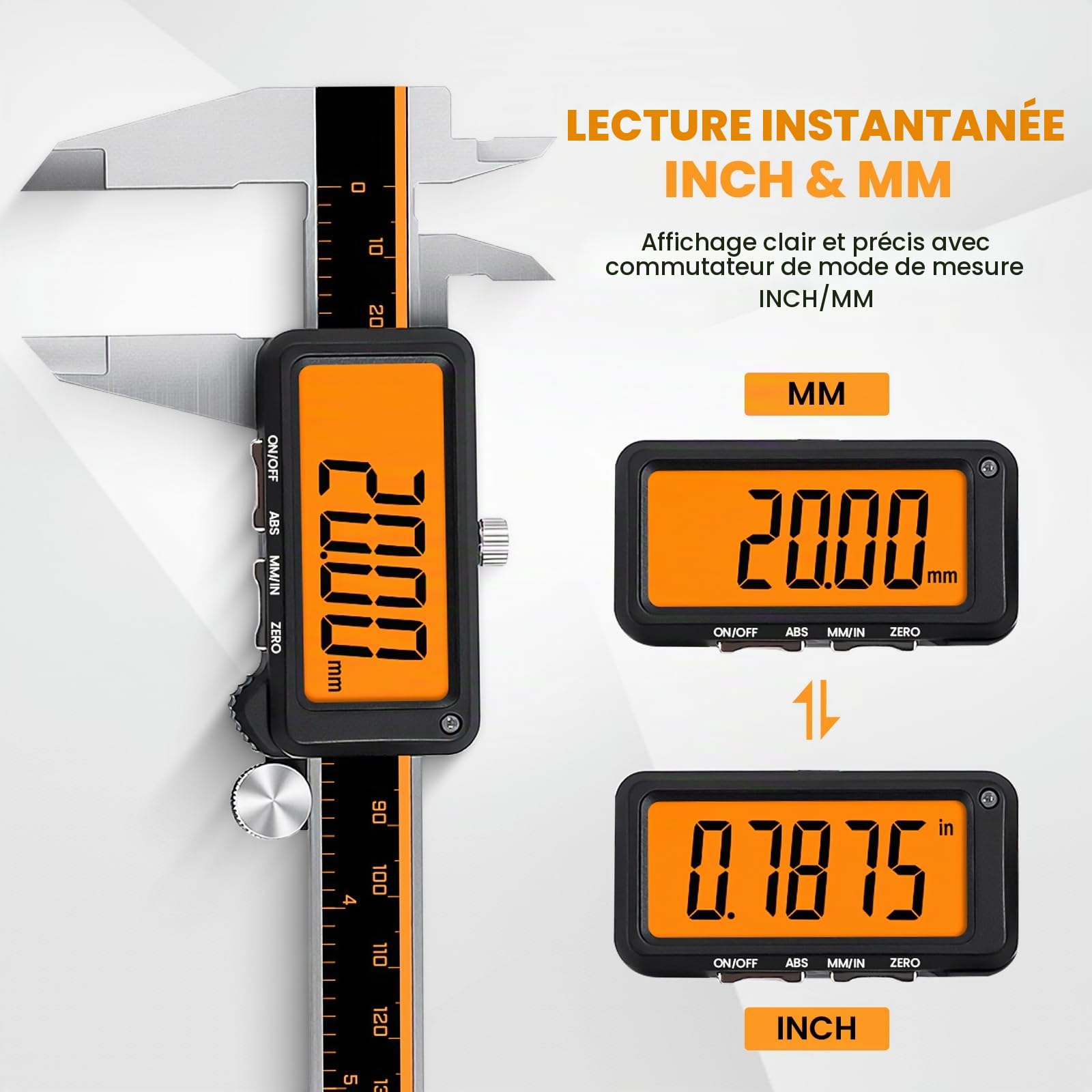 HARDELL Pied à coulisse numérique rechargeable avec grand écran orange, fonction LCD antireflet et ABS, outil de mesure en millimètre, micromètre en acier inoxydable – Arrêt automatique pour bricolage