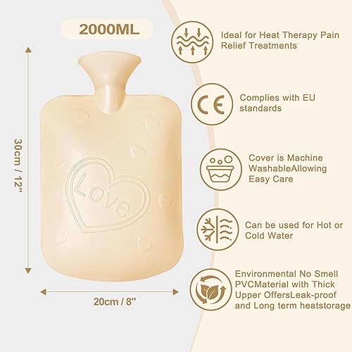 Miniatura 3 de Botella de agua caliente con tapa, bolsa de agua caliente, 2 litros de goma caliente con cubierta de cintura suave para el cuello, hombros, espalda,