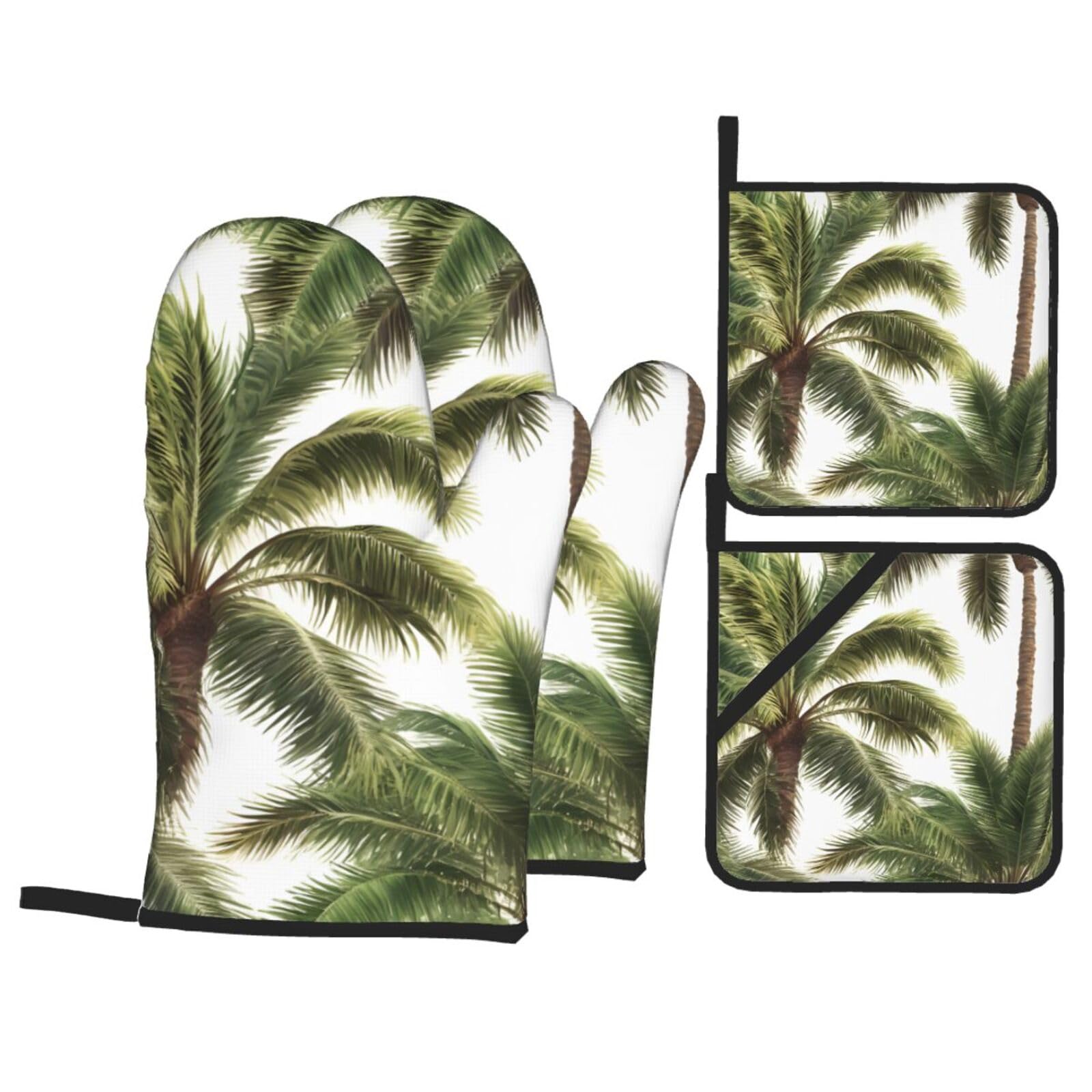 Palm Tree Print 4-Piece Oven Microwaving Set Kitchen Gloves for Holiday Cooking Baking Grilling