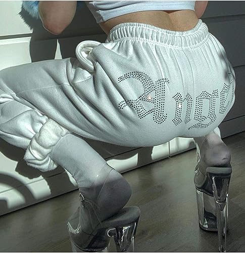 Miniatura 2 de ECDAHICC Pantalones deportivos de mujer con diamantes de imitación de cintura alta elástica Harem Hip Hop Jogger Pantalones deportivos de calle