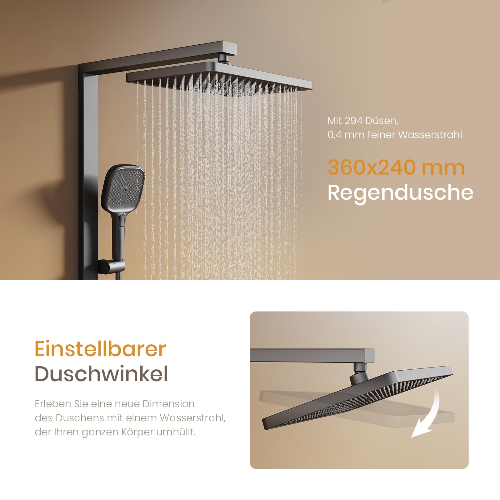 EMKE Duschsystem mit Thermostat, Anthrazit Matt, Einstellbarer Durchfluss Duschsystem Regendusche, Duschgarnitur mit 36x24 cm Regendusche, Duschset mit einstellbarer Wassermenge, 4-Strahl Handbrause