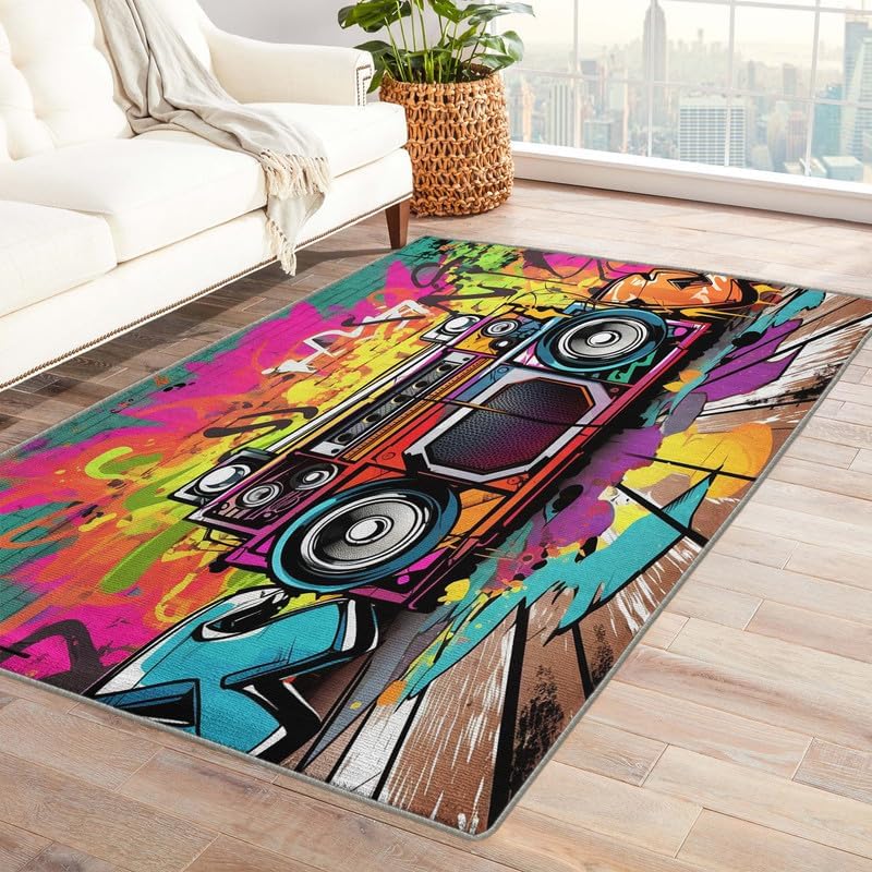 Miniatura 1 de Alfombras lavables para sala de estar, dormitorio, alfombra de graffiti musical y decoración del hogar, alfombra de área de hip hop de 3 x 4,