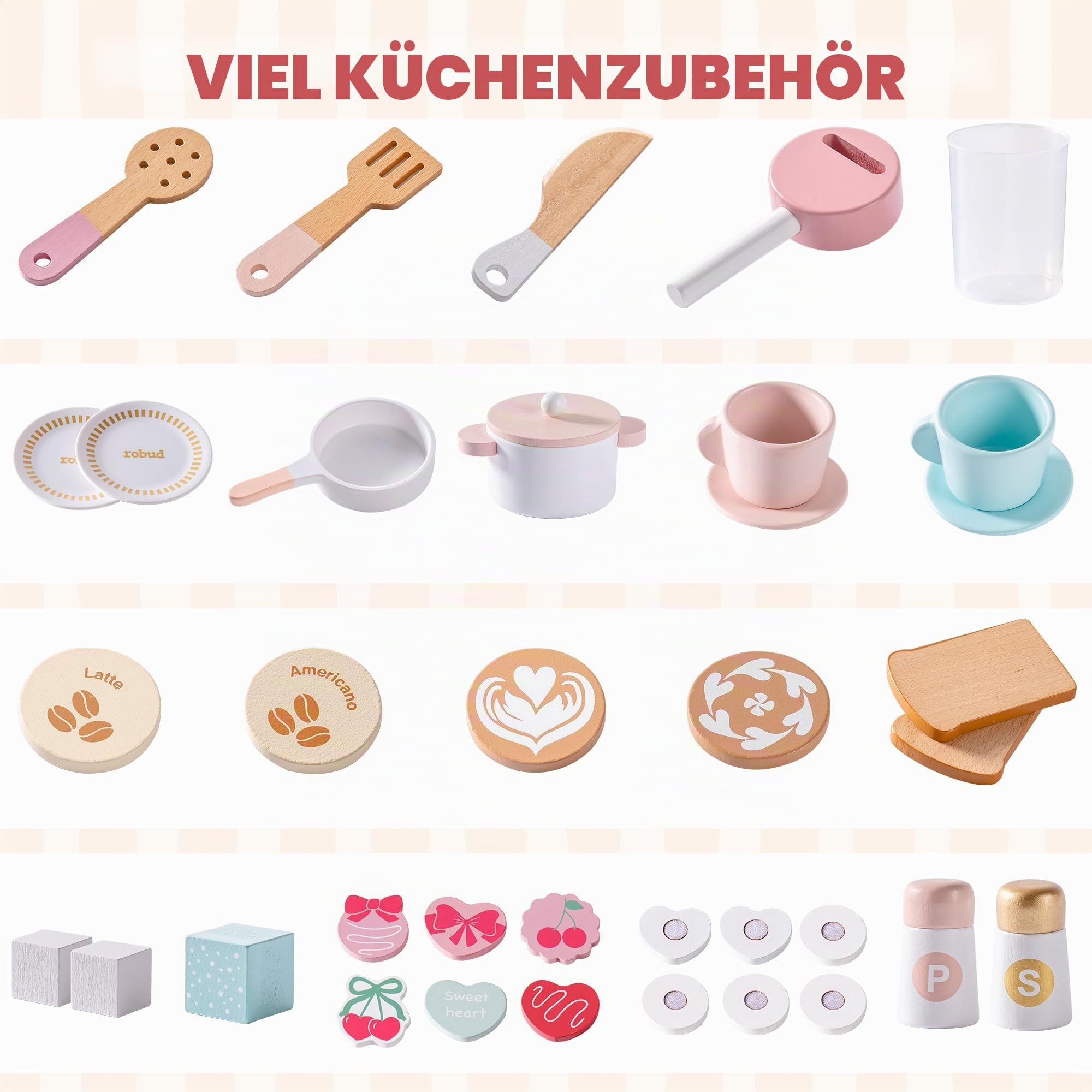 ROBUD Kinder Spielküche aus Holz, Kinder Spielzeugküche Spielset mit Brotmaschine, Ofen mit Kuchen, Geschirr Geschirrspüler, eingebauter Eisbereiter, Kleinkind Pretend Kochset für Jungen und Mädchen