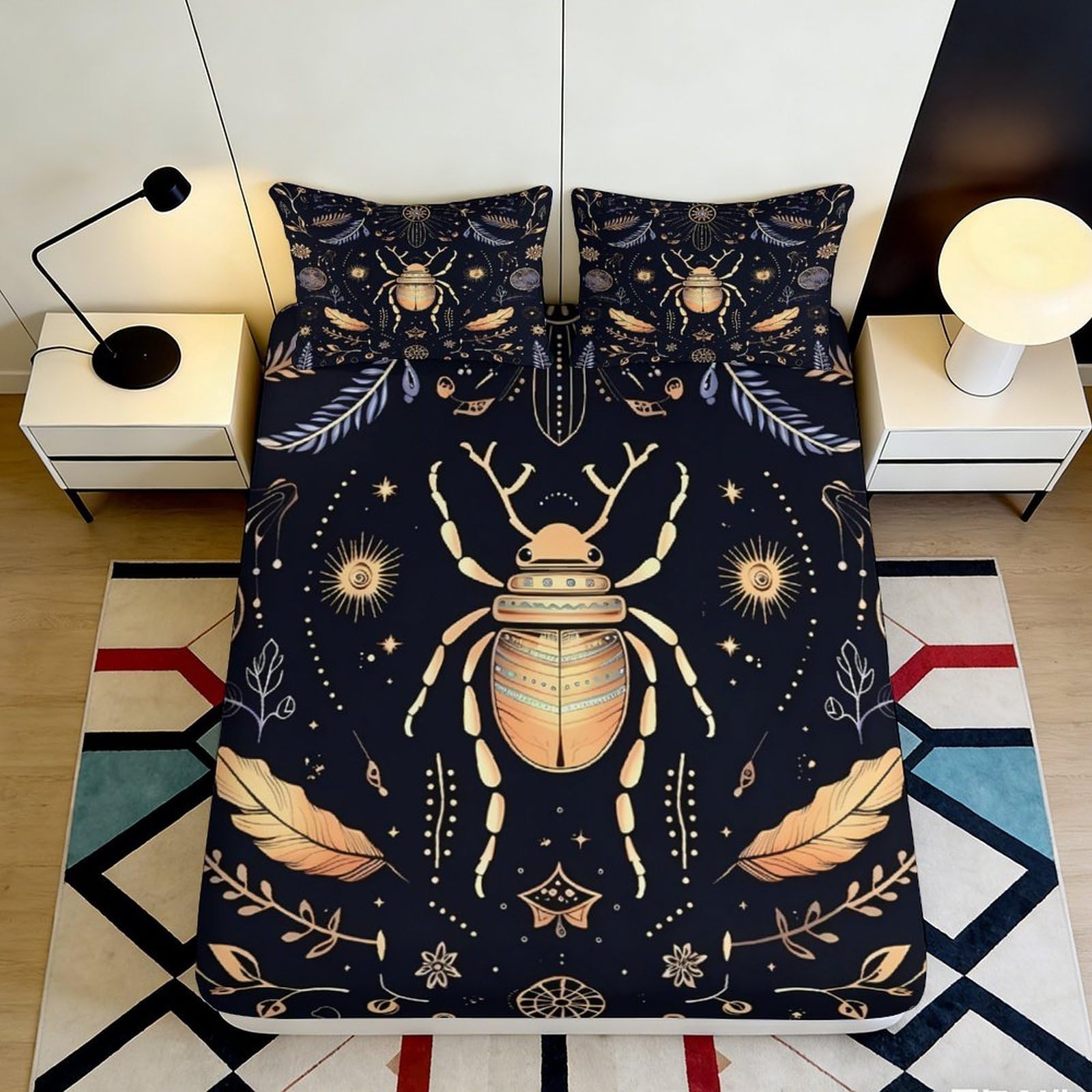 3D Printed Beetle Mandala Fitted Sheet Microfiber Soft Black Gold Celestial Mattress Cover for Bedroom Dorm Decor 90x200x25cm