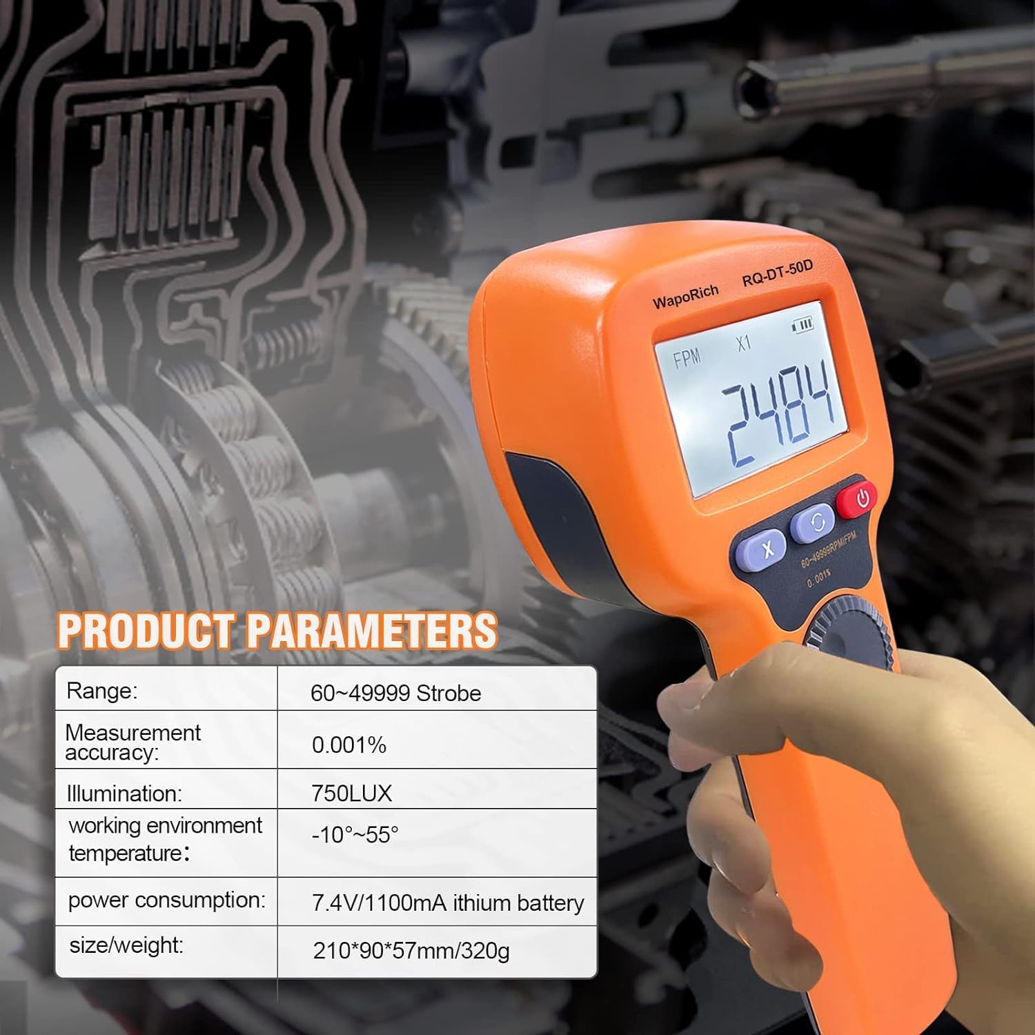 DT-50D stroboscope numérique à main sans contact 60-49999 tr/min LED haute précision rechargeable écran LCD pour machines à imprimer et filer Orange