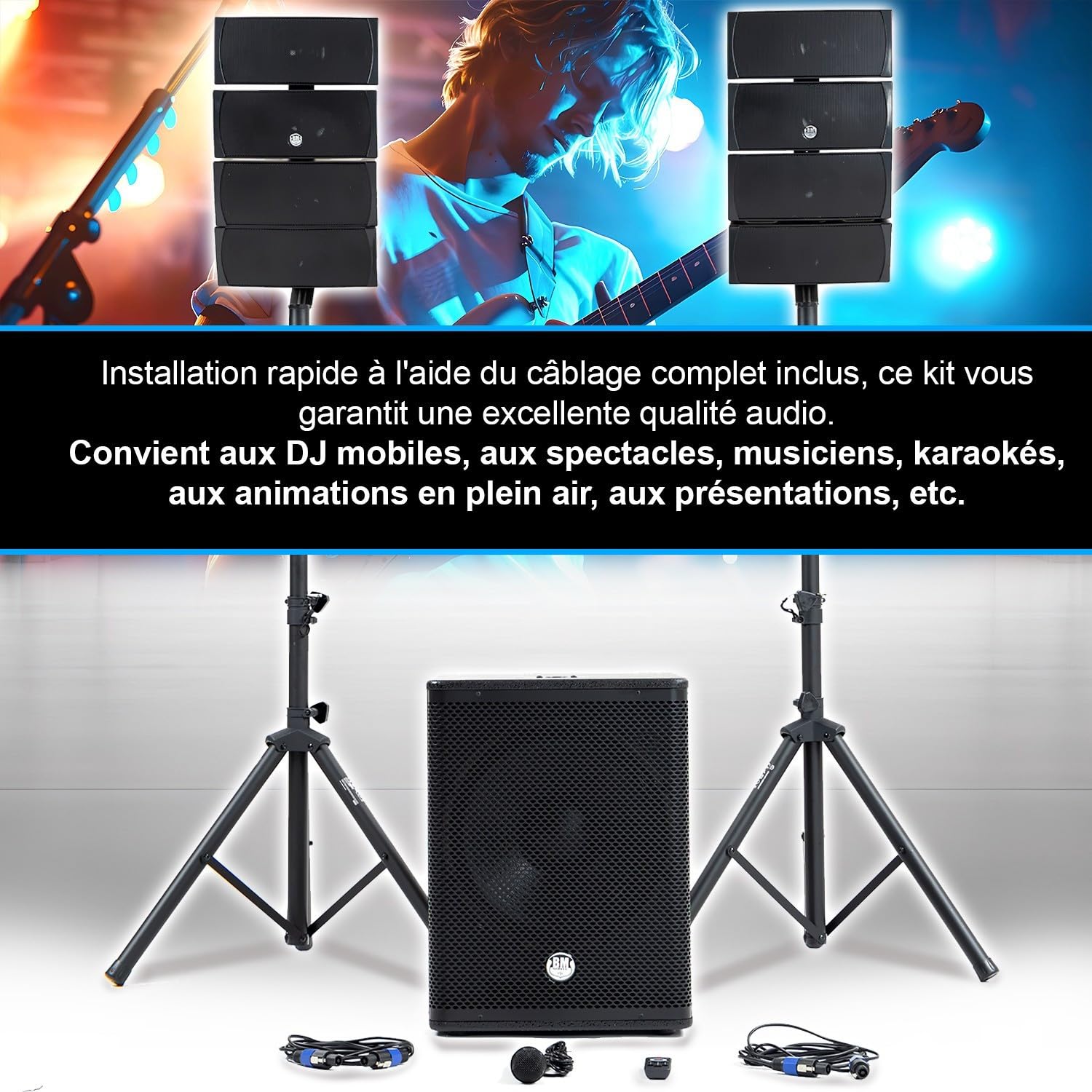 Pack Sonorisation DJ Complet BM Bmsonic BMS-15-ARRAY-BT, 1200W, Enceintes Satellites, Caisson 38cm USB/Bluetooth, Supports Câbles