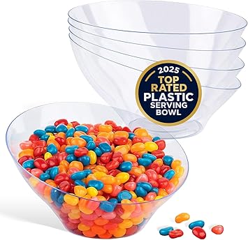 20oz Clear Plastic Serving Bowls 4 Pack Medium Disposable Candy Dishes, Buffet Containers, Chips, Popcorn, Snacks, Mints, Salad Bar, Snack Bowl, Parties, Office Desk, Bridal Shower, Party Supplies