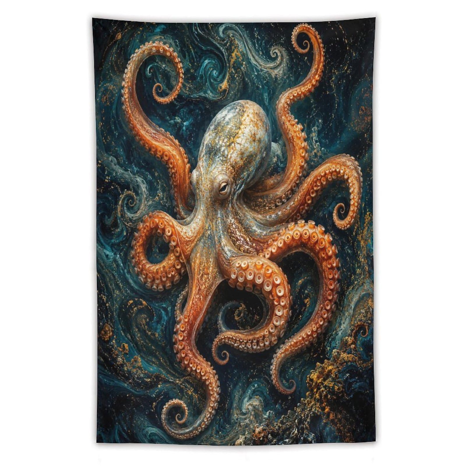 W7C8U2X3 Dark Ocean Octopus Wall Tapestry, Detailed Illustration, Apartment