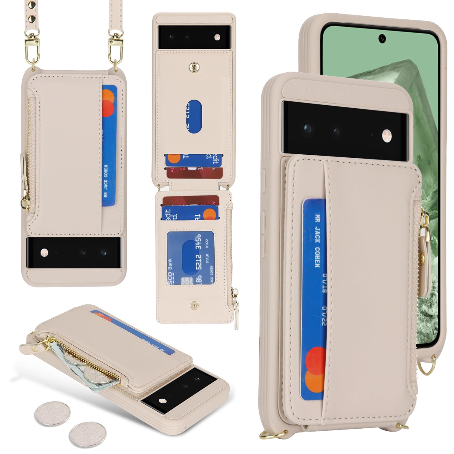 SailorTech for Google Pixel 6 Phone Case with Credit Card Holder for Women Google Pixel 6 Leather Case Wallet Crossbody with Card Slots Zipper Shockproof Case for Men-Apricot - Image 3