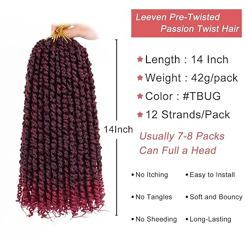 Miniatura 2 de Leeven #TBUG - Extensiones de cabello sintético de ganchillo pretrenzado color borgoña degradado de 14 pulgadas, 8 paquetes de extensiones de