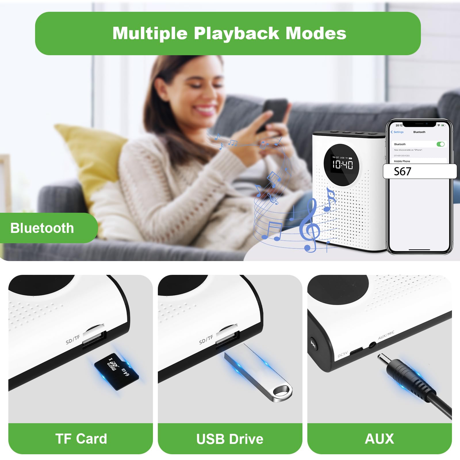 AURTEC Amplificatore vocale con microfono lavalier wireless magnetico, amplificatore portatile 2,4 G, supporta Bluetooth, scheda TF, chiavetta USB e ingresso AUX