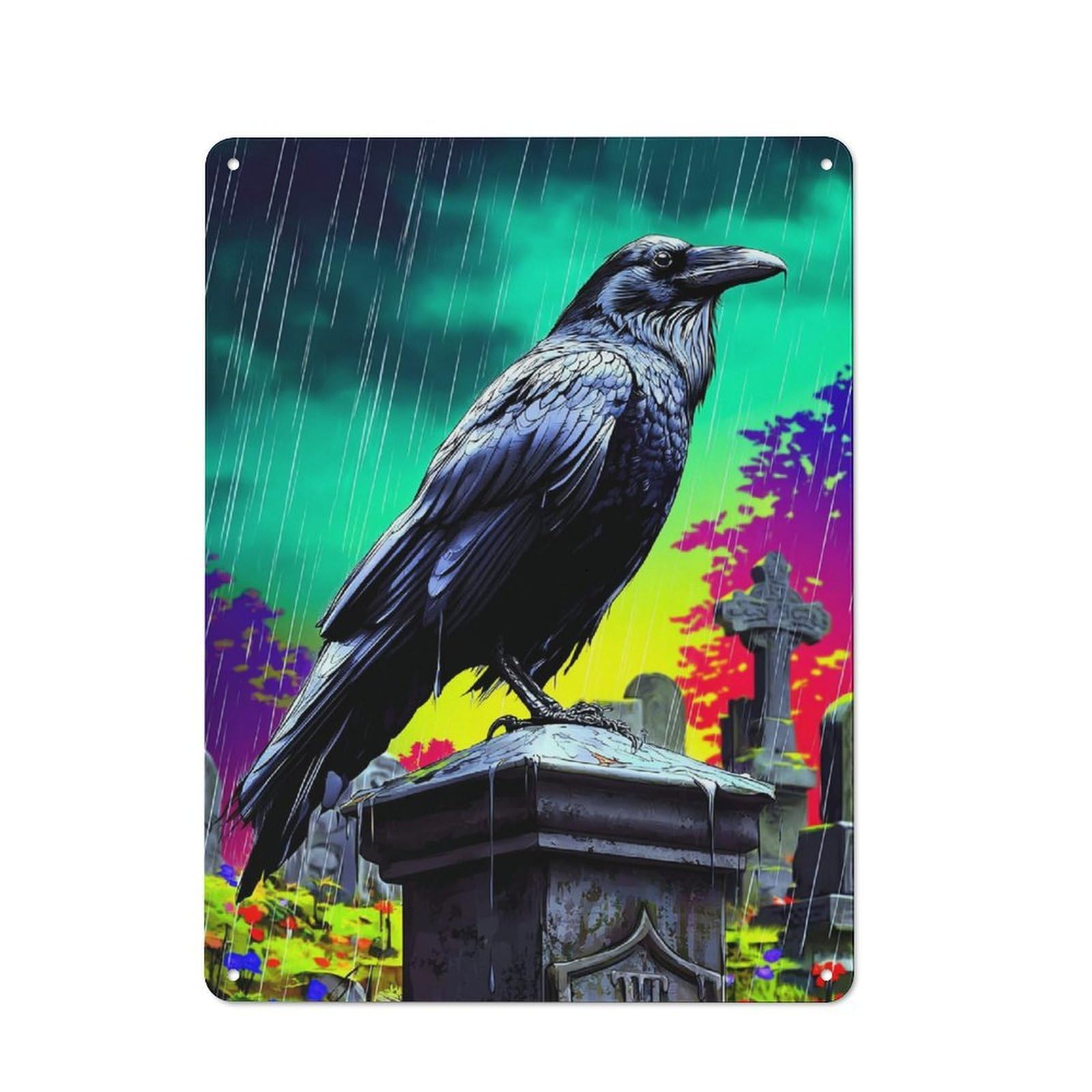 Junmoney Rainy Graveyard Raven -1 Urban Decorative Metal Plaque 40X30cm Featuring Loft Wall Plaque For Loft, Studio, Office Or Creative Room