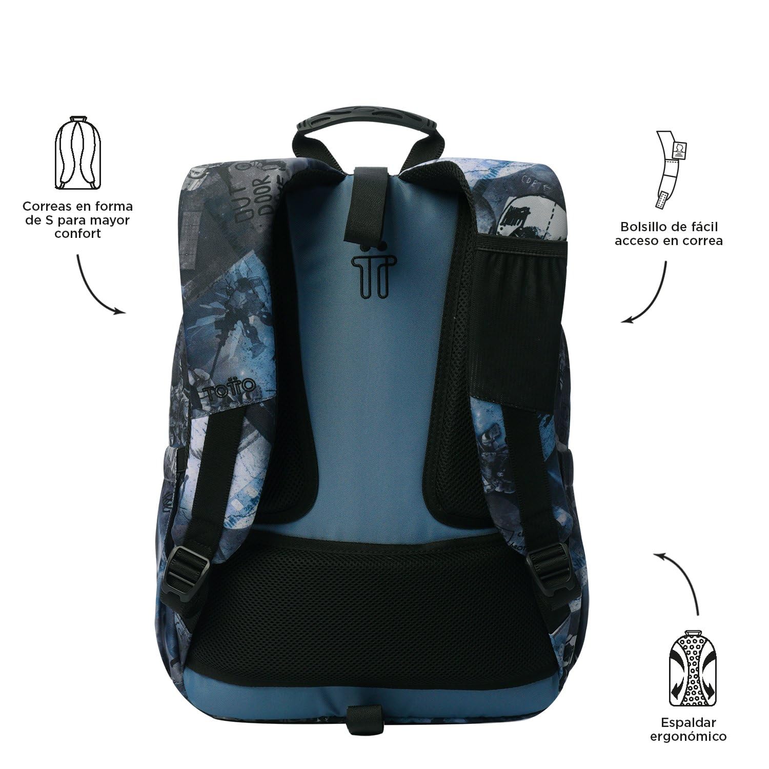 TOTTO - Mochila Escolar Adaptable a Carro, Modelo Acuareles, Capacidad 20 L, Bolsillo para Pc 14", 2 Bolsillo Botella, Espaldar Ergonómico con Flujo de Aire, Cómodas Correas en S, Estampado Film