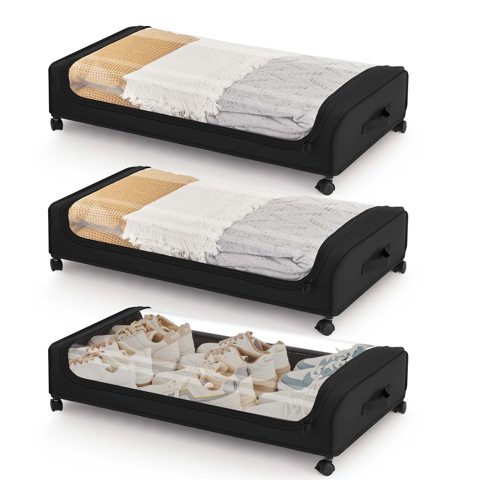 3 Stück Unterbettkommode Mit Rollen, Unterbett Aufbewahrungsbox Metallrahmen Bettkasten Organizer Faltbare Aufbewahrungsbox Mit Deckel Groß Für Decken, Kleidung, Steppdecken, Spielzeug, Schuhe