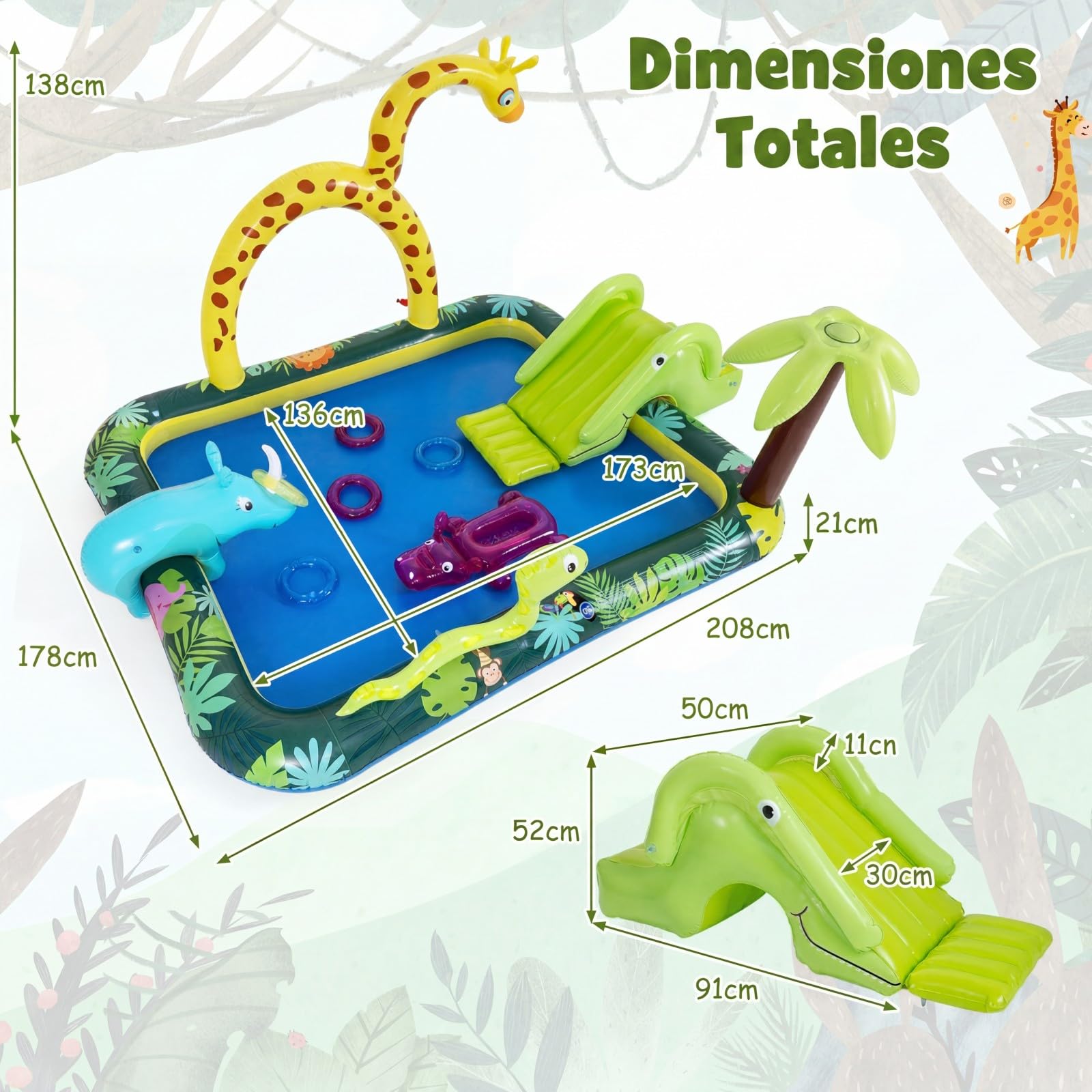 COSTWAY Piscina Hinchable Infantil con Tobogán, Rociador Jirafa y Lanzamiento Aros, 208x178x138 cm