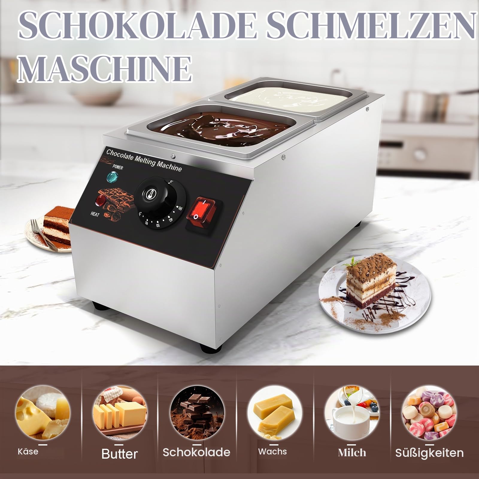 Schokolade Schmelztiegel, Temperiergerät Schokolade Temperiermaschine mit 2 Töpfen Kommerzielle Elektrische Schokolade Schmelzgerät Edelstahl, 2x1/6 GN Behälter Schokolade Schmelzmaschine Topf