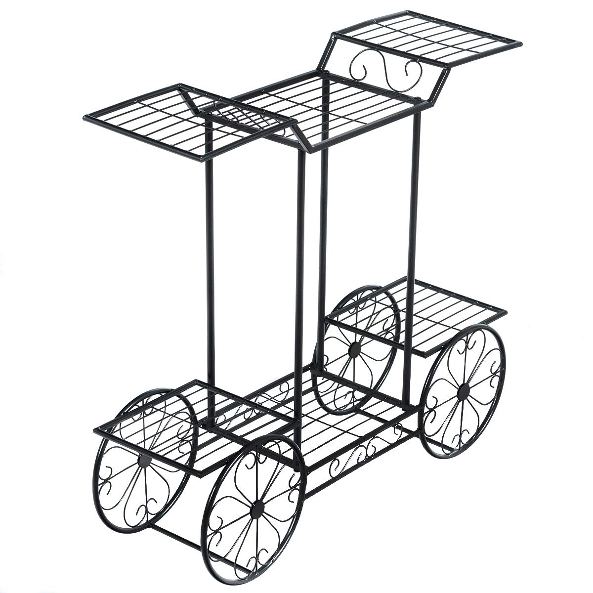 DREAMADE Scaffale Portafiori in Ferro Battuto, Supporto per Piante da Esterno e Interno, Portapiante a 4 Ripiani per Giardino, Balcone, Cortile, Ruote Immobili, 80,5 x 25 x 75 cm, Nero