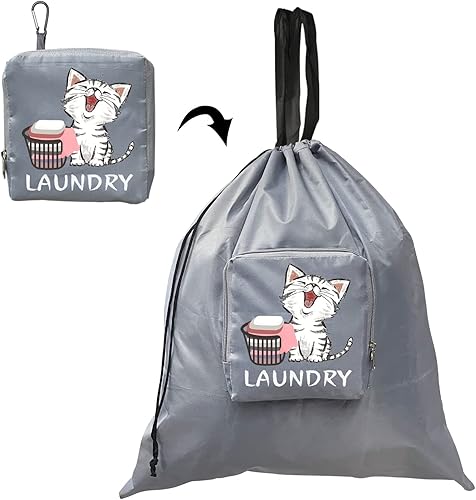 Bolsas de lavandería de viaje con asas y mosquetón, bolsa de viaje plegable para ropa sucia con bonito patrón de gato, bolsa de ropa sucia de 24