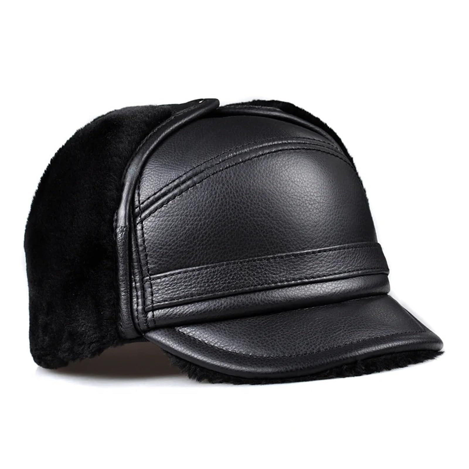 Male Winter Warm Ear Protection Bomber Hat Man Genuine Leather Faux Fur Inside Black/Brown Ultra Large Size 54-62cm Caps