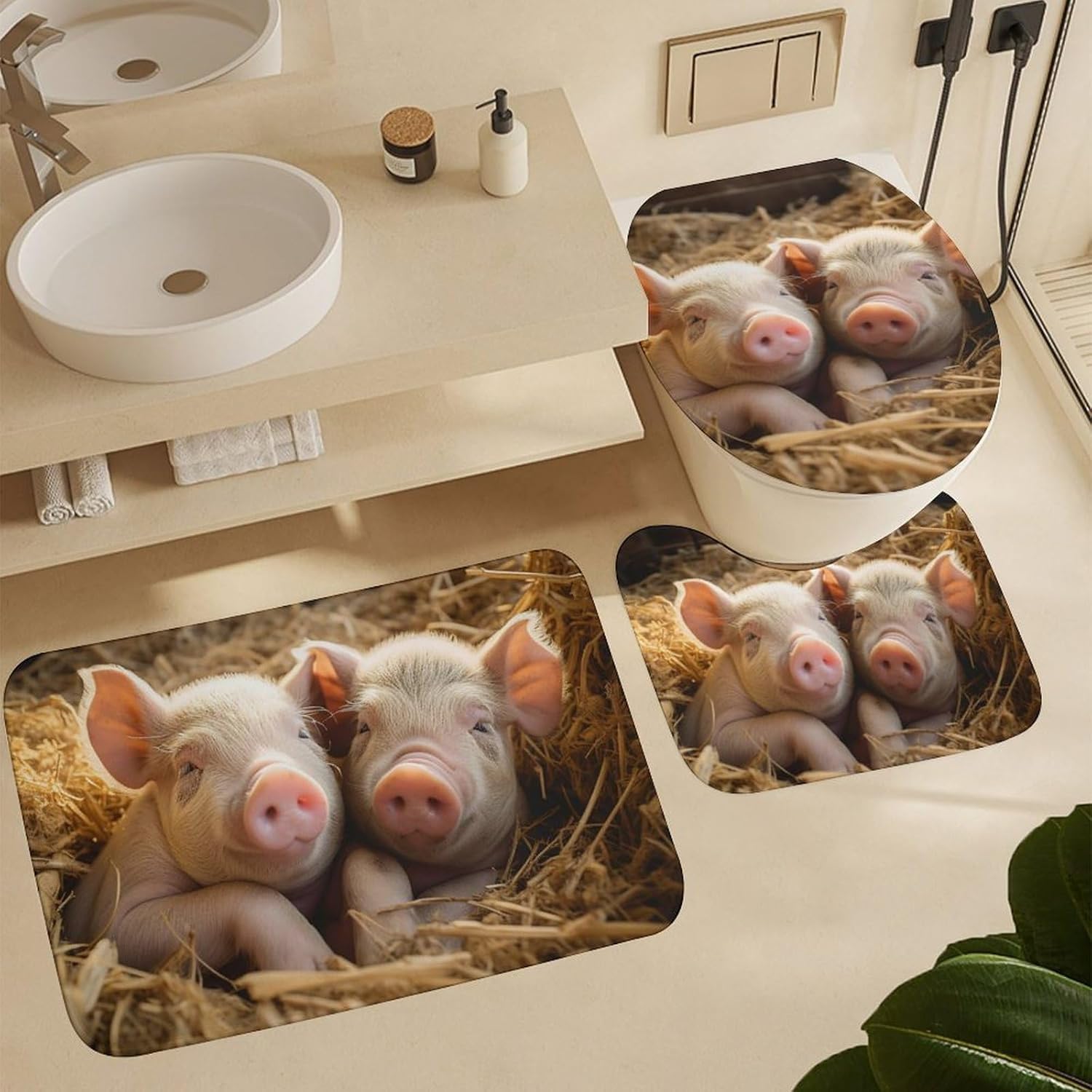 Anti-Skid Floor Mats 3 Piece Set,Pigs Printed Coral Fleece Bathroom Mats U-Shaped Contour Mat Toilet Seat Cover for Bathroom, Tub, Shower, Kitchen 19.7"x31.5"