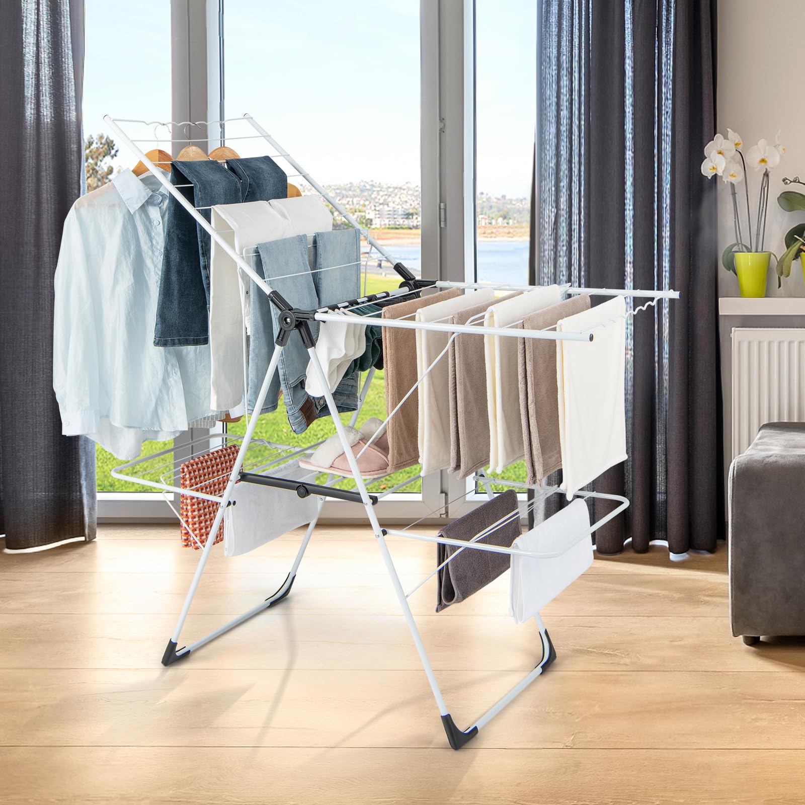 COSTWAY Tendedero de Ropa Plegable de 2 Niveles, Tendedero con Alas Ajustables en Altura, 33 Rieles de Secado y Clips para Calcetines, Soporte para Ropa Independiente para Uso Interior y Exterior