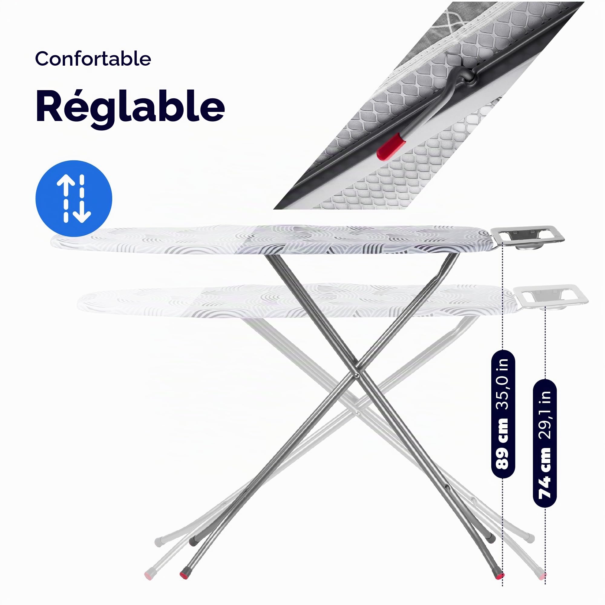 KADAX Planche à Repasser compacte - 114 x 34 cm Gris M - pour Repassage Confortable sur Grille métal - Repose-Fer et Housse Coton avec Mousse 5 mm Hauteur réglable Pieds antidérapants fabriquée UE